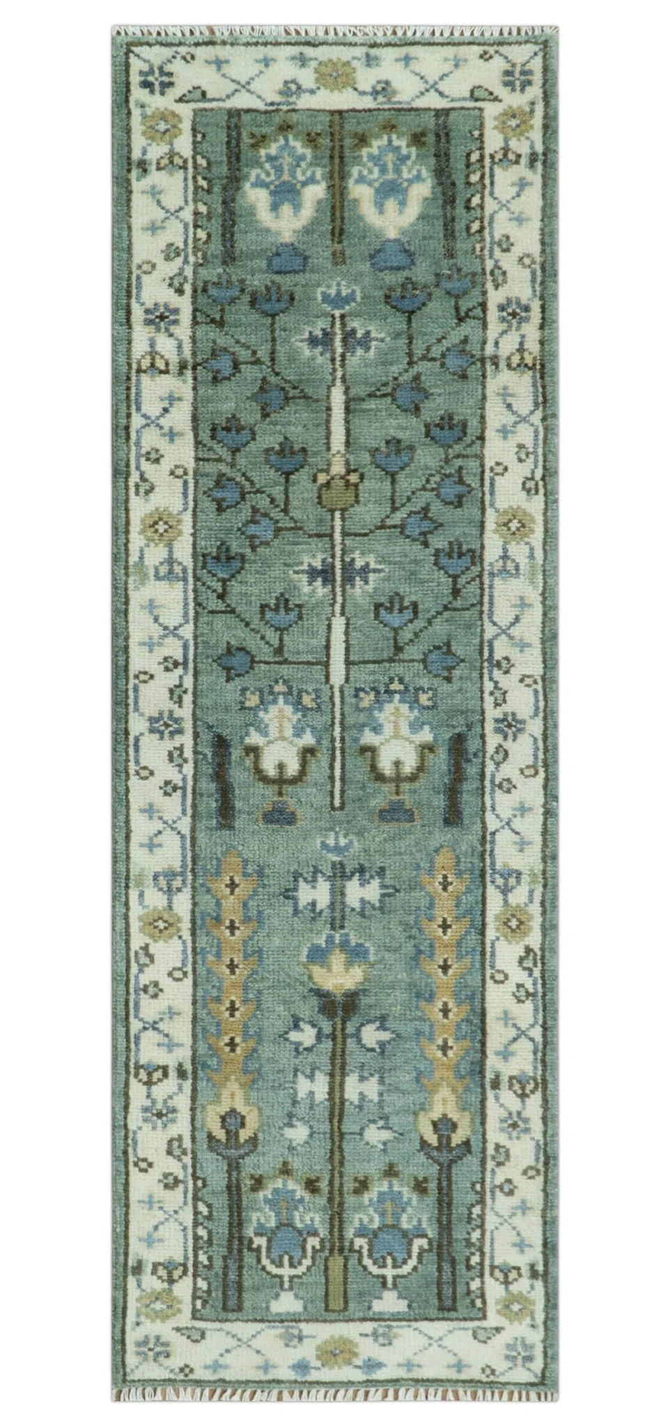 Hand Knotted Aqua Green and Ivory Traditional Turkish Vintage Style Multi Size Wool Area Rug - Image 17