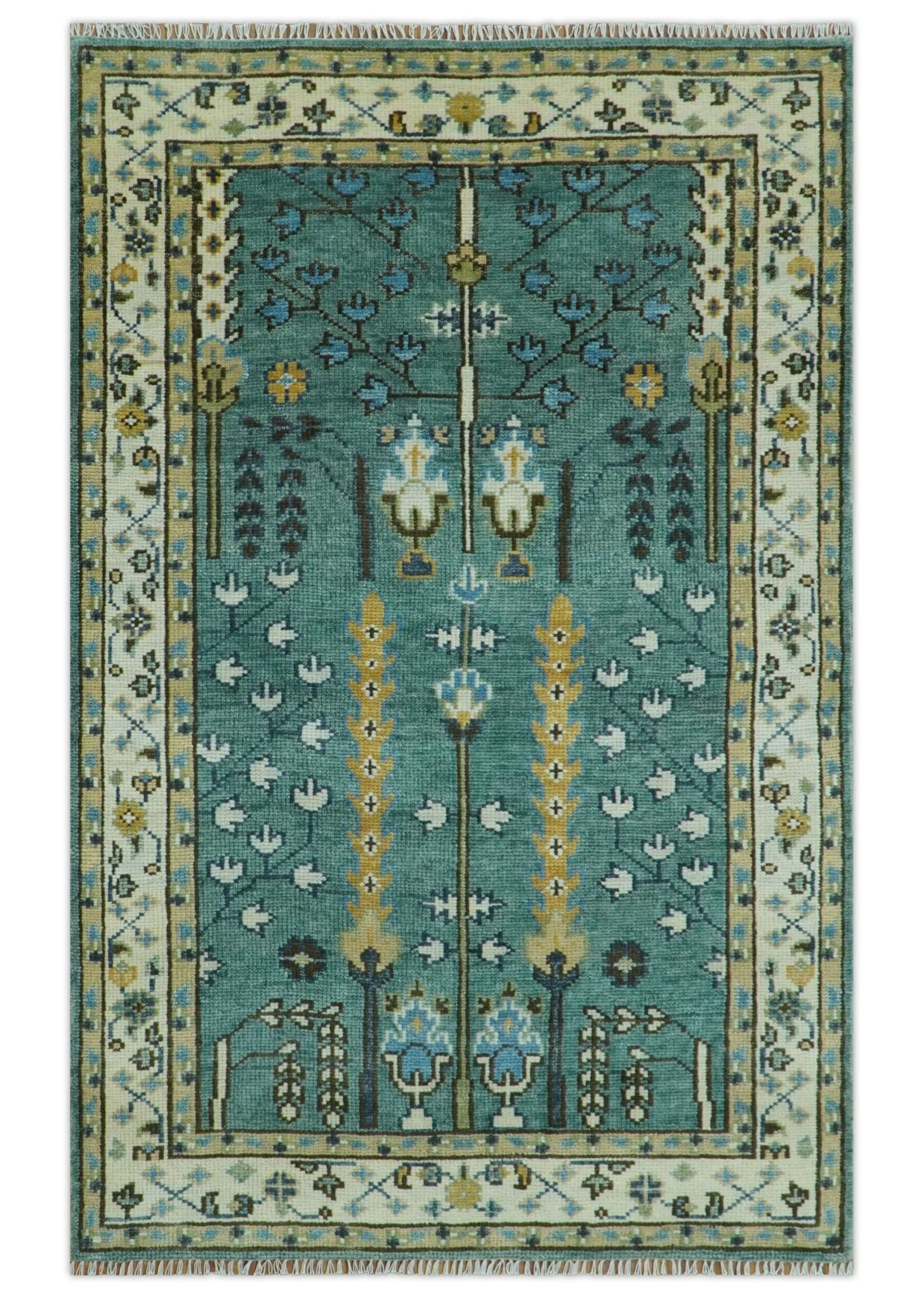Hand Knotted Aqua Green and Ivory Traditional Turkish Vintage Style Multi Size Wool Area Rug - Image 18