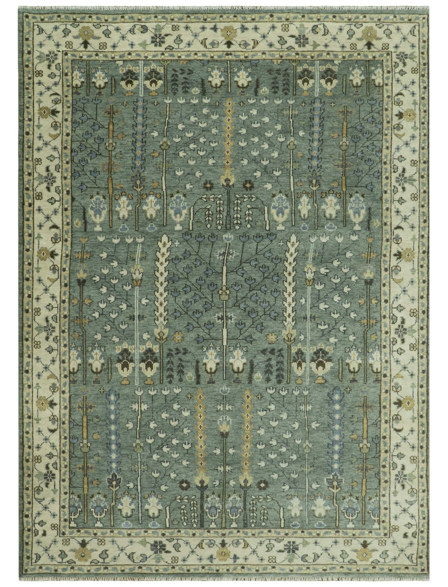 Hand Knotted Aqua Green and Ivory Traditional Turkish Vintage Style Multi Size Wool Area Rug - Image 19