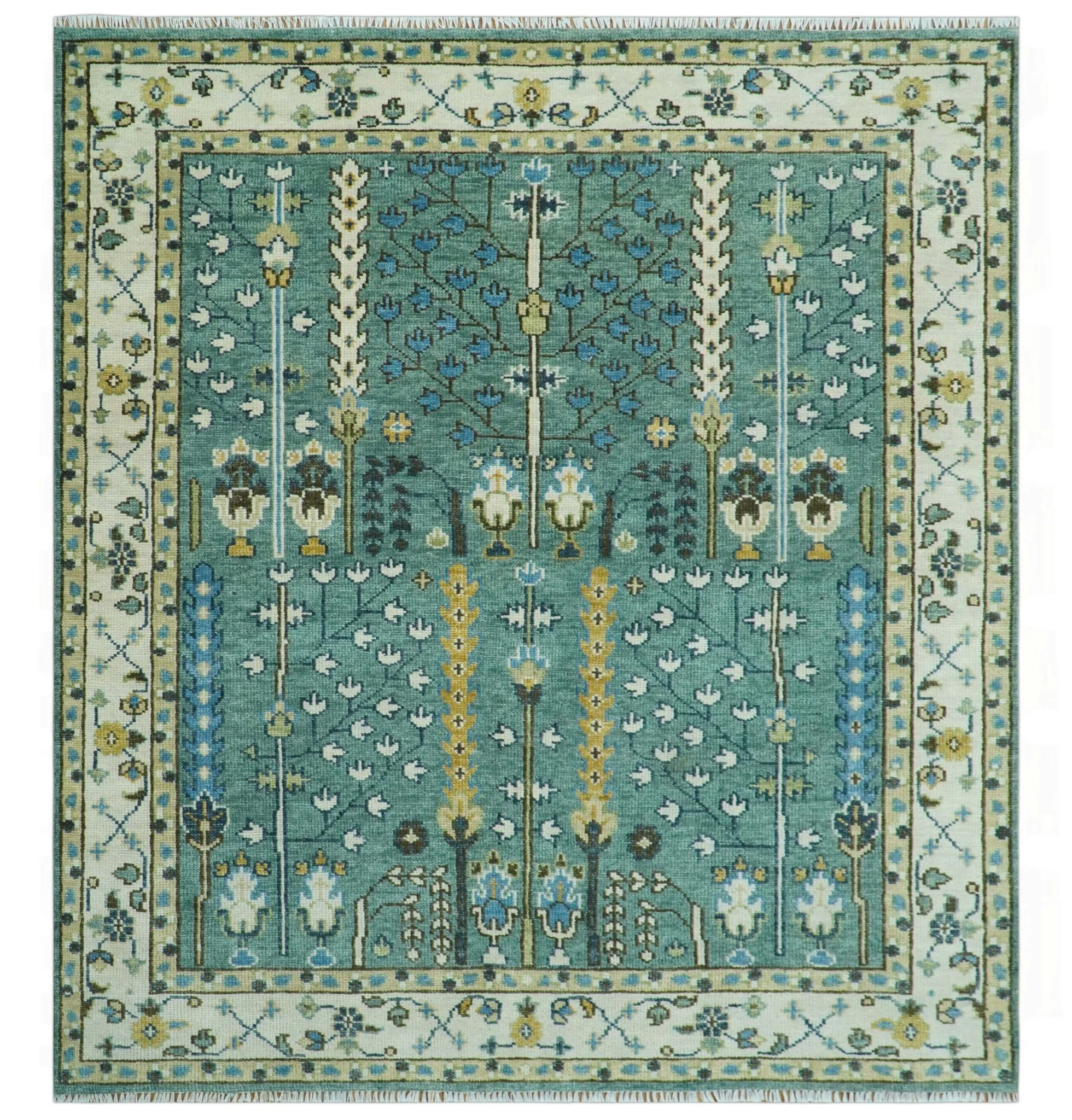 Hand Knotted Aqua Green and Ivory Traditional Turkish Vintage Style Multi Size Wool Area Rug - Image 20