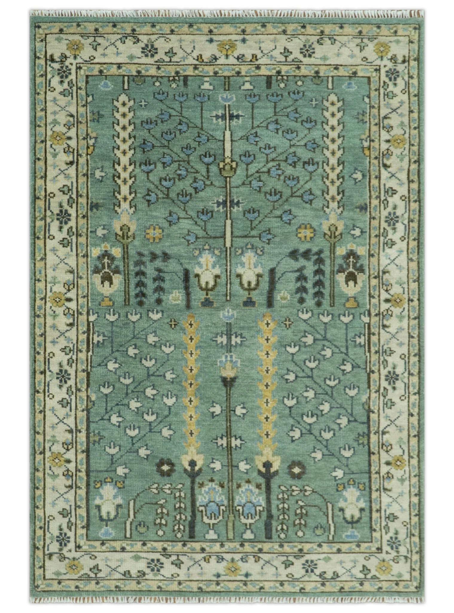Hand Knotted Aqua Green and Ivory Traditional Turkish Vintage Style Multi Size Wool Area Rug - Image 22