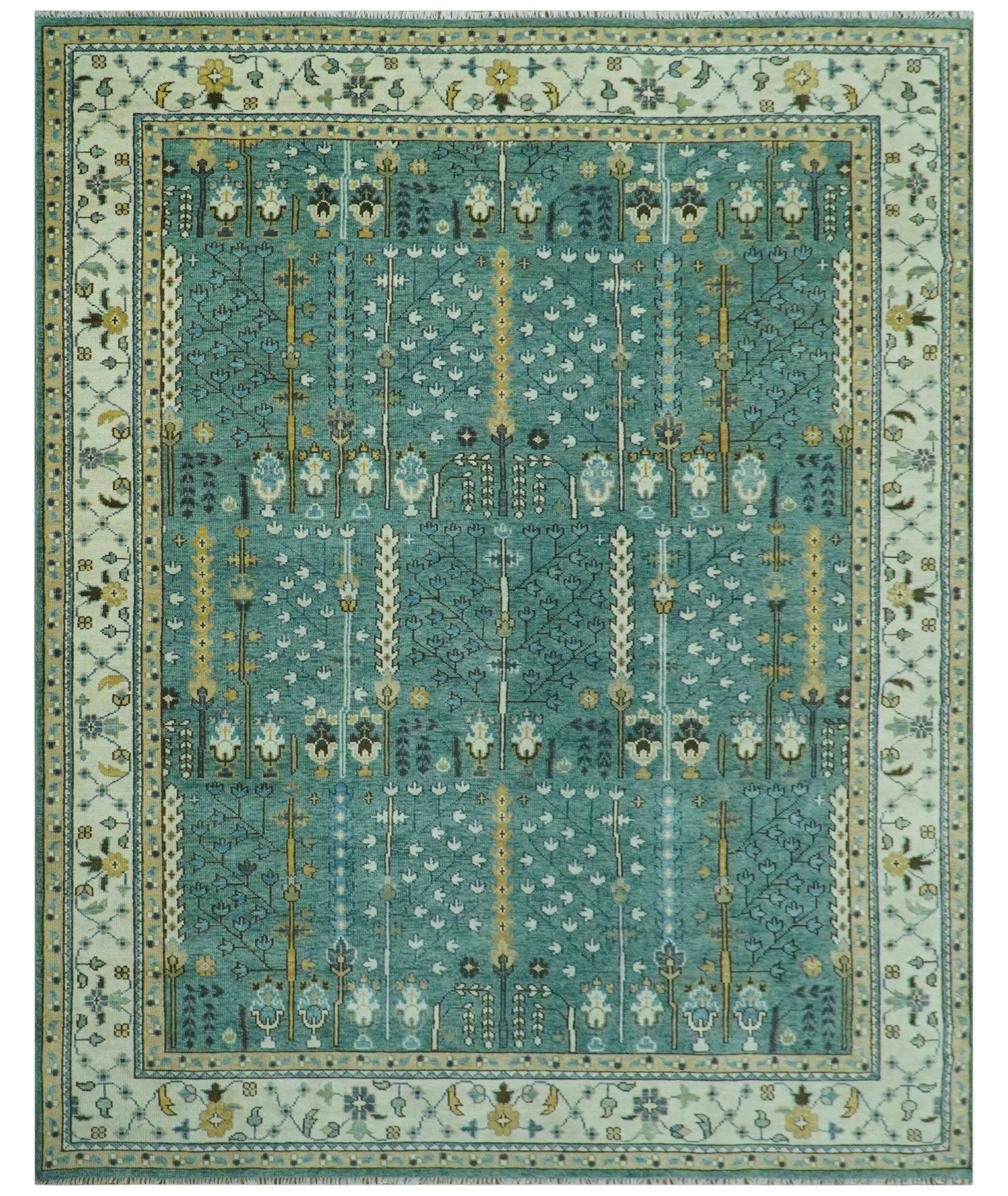 Hand Knotted Aqua Green and Ivory Traditional Turkish Vintage Style Multi Size Wool Area Rug - Image 23