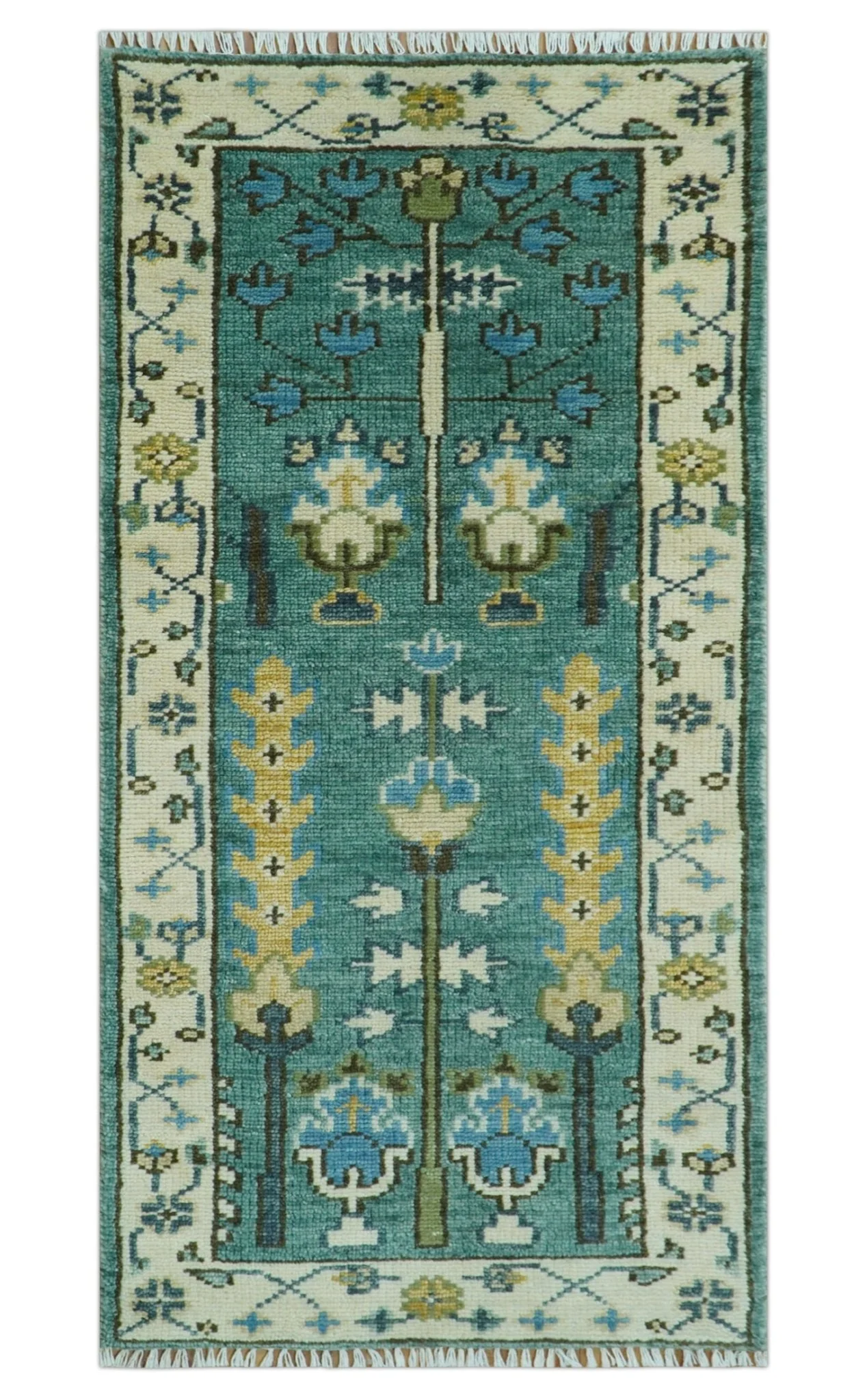 Hand Knotted Aqua Green and Ivory Traditional Turkish Vintage Style Multi Size Wool Area Rug - Image 24