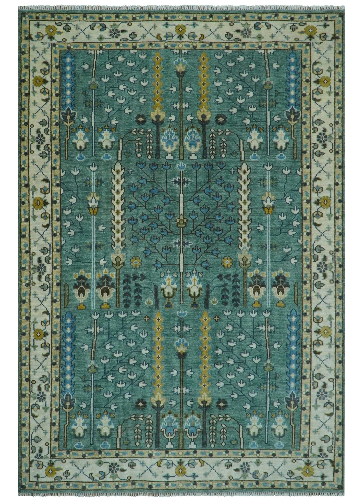 Hand Knotted Aqua Green and Ivory Traditional Turkish Vintage Style Multi Size Wool Area Rug - Image 26