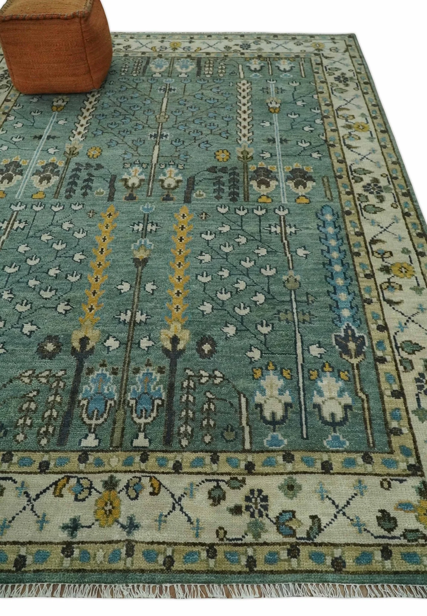 Hand Knotted Aqua Green and Ivory Traditional Turkish Vintage Style Multi Size Wool Area Rug - Image 3
