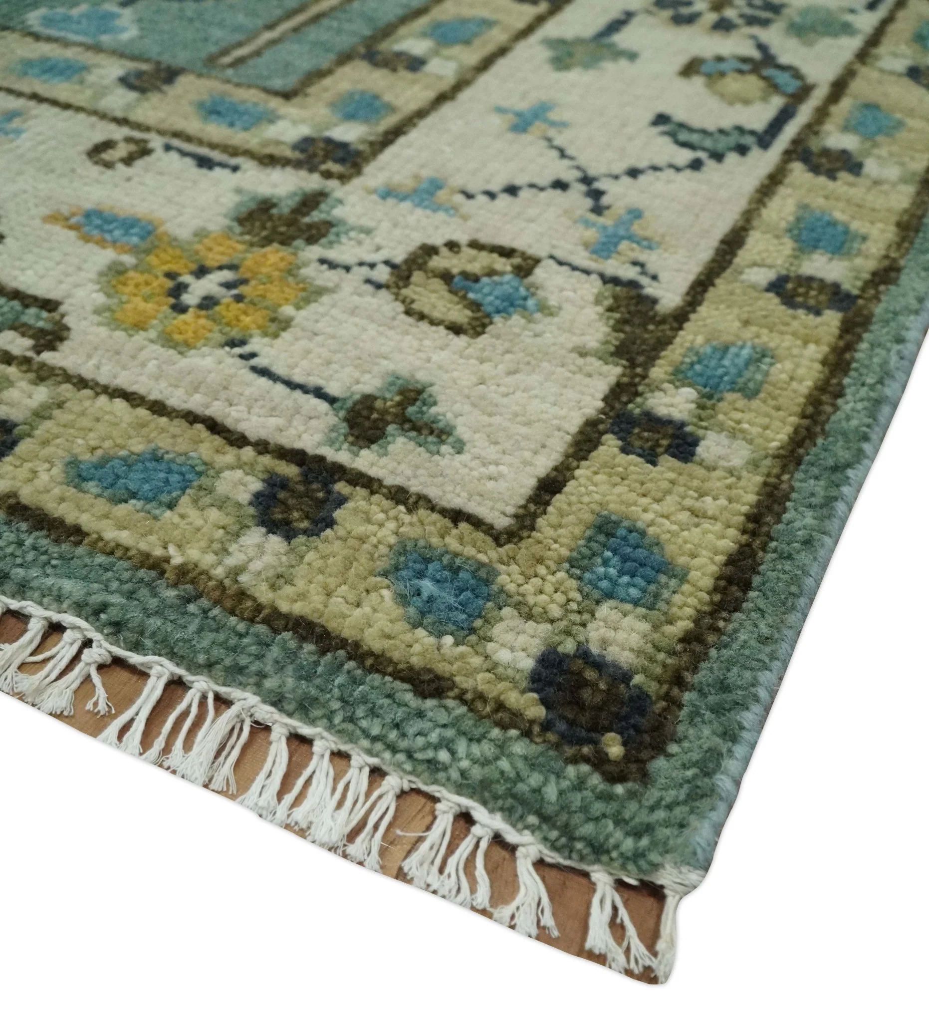 Hand Knotted Aqua Green and Ivory Traditional Turkish Vintage Style Multi Size Wool Area Rug - Image 5