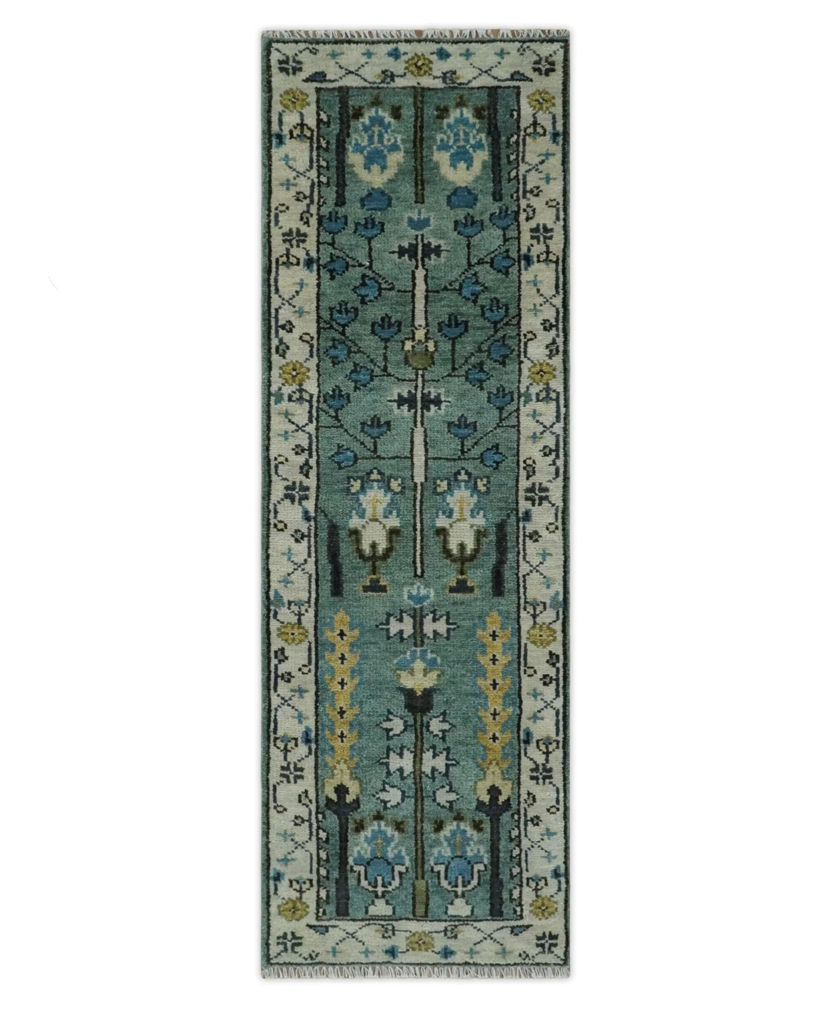 Hand Knotted Aqua Green and Ivory Traditional Turkish Vintage Style Multi Size Wool Area Rug - Image 8