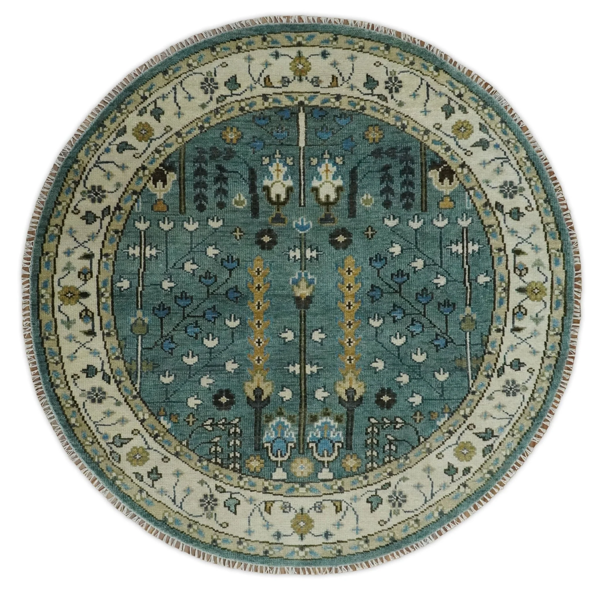 Hand Knotted Aqua Green and Ivory Traditional Turkish Vintage Style Multi Size Wool Area Rug - Image 9