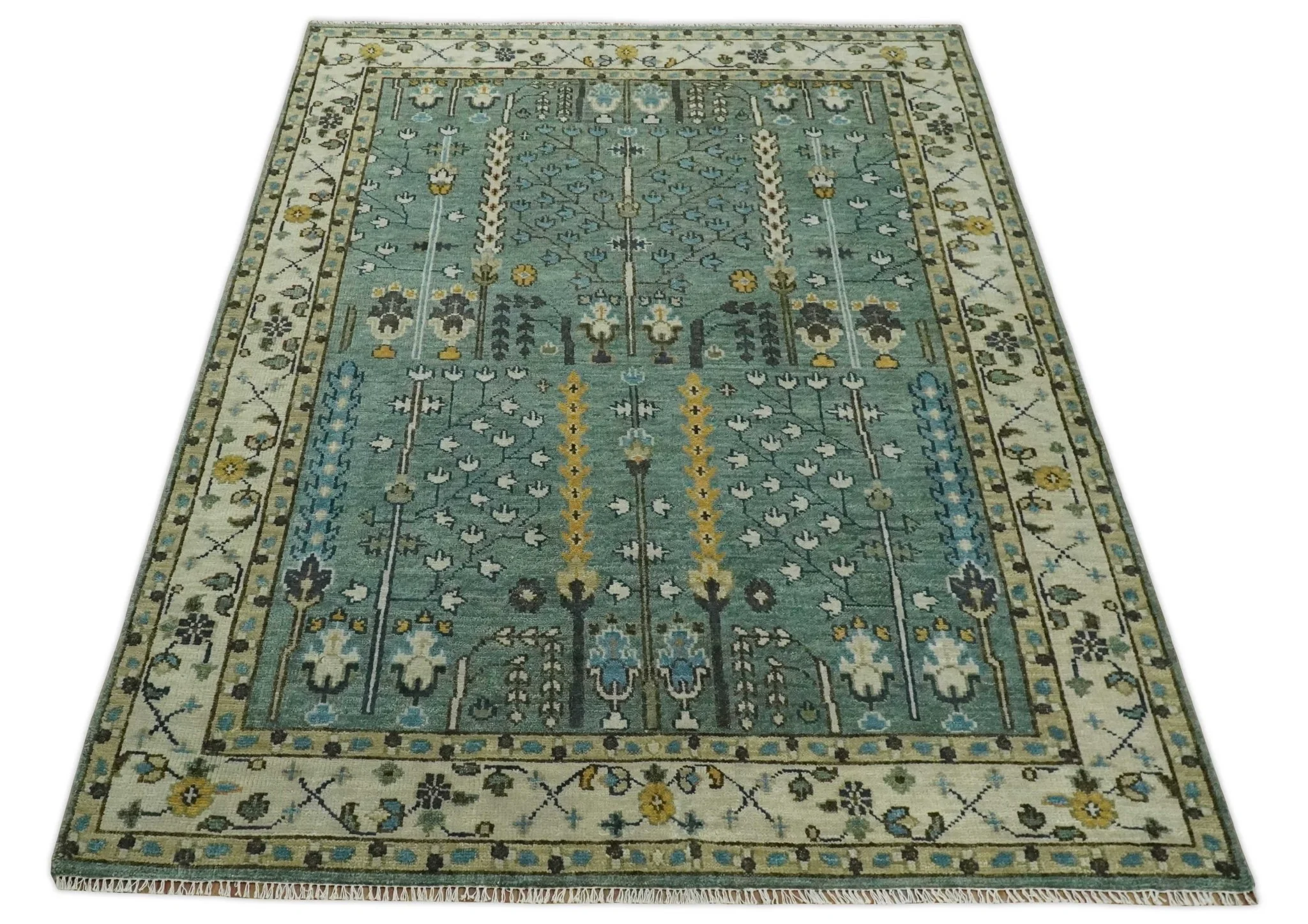 Aqua Hand Knotted Green and Ivory Traditional Turkish Vintage Style Wool Rug - Image 11