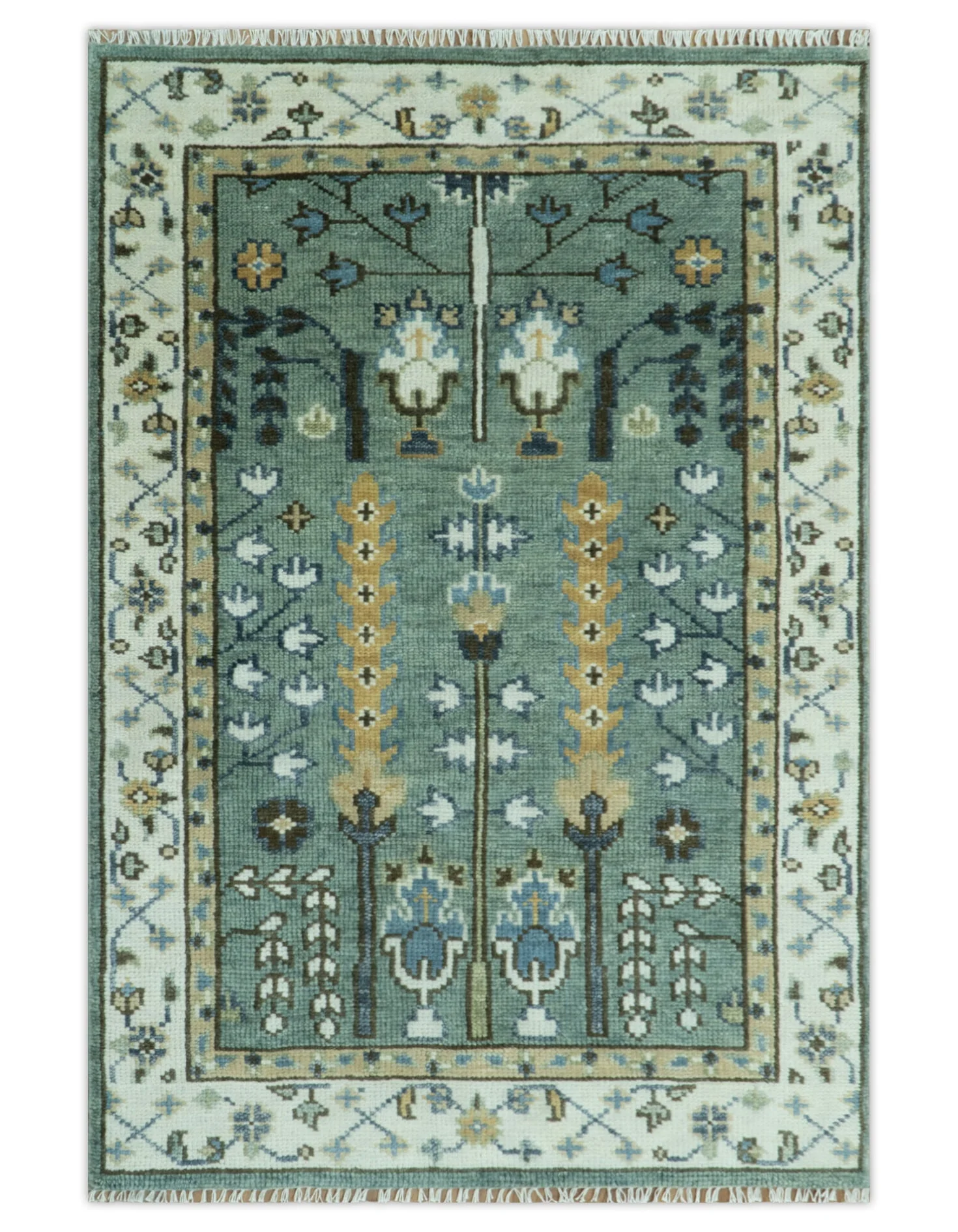 Aqua Hand Knotted Green and Ivory Traditional Turkish Vintage Style Wool Rug - Image 13