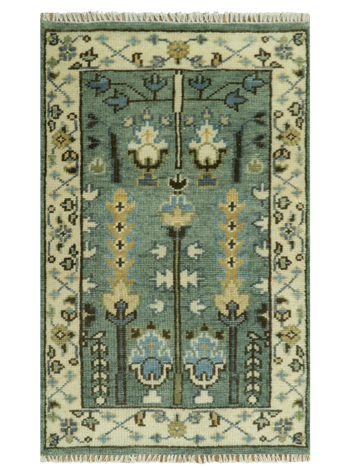 Aqua Hand Knotted Green and Ivory Traditional Turkish Vintage Style Wool Rug - Image 14