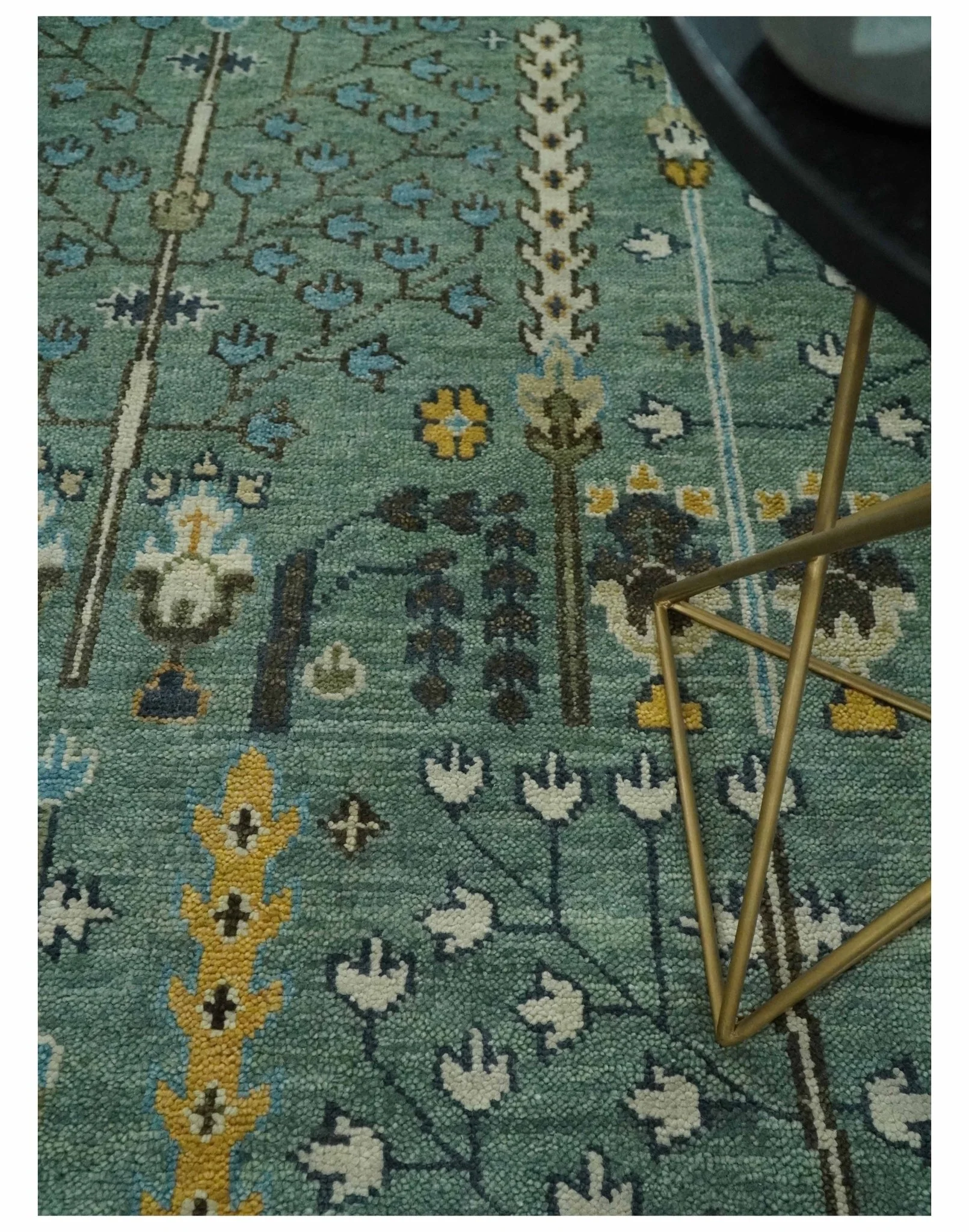 Aqua Hand Knotted Green and Ivory Traditional Turkish Vintage Style Wool Rug - Image 2