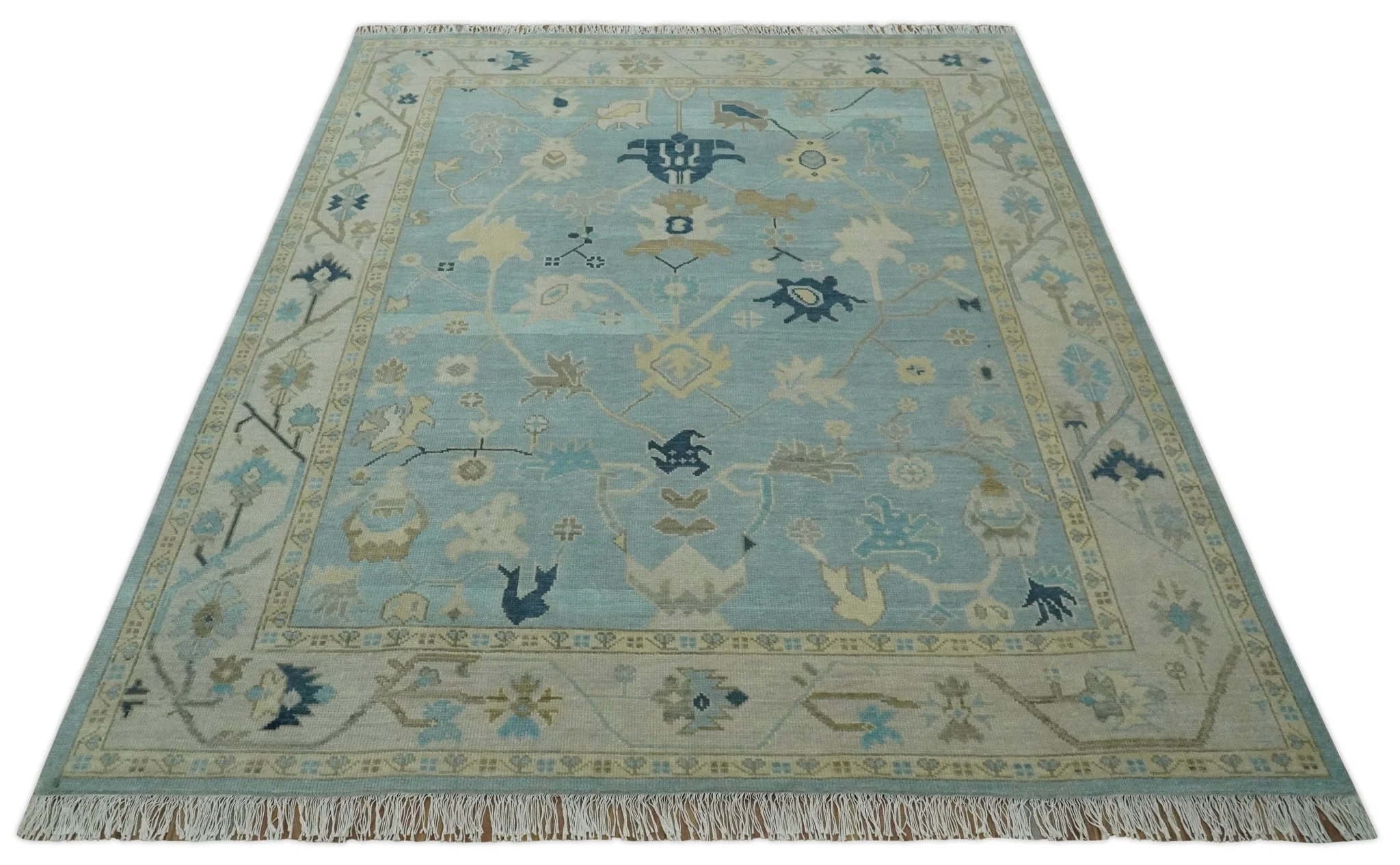 Custom Made Aqua, Ivory and Beige Hand knotted Oriental Oushak wool Area Rug - Image 10