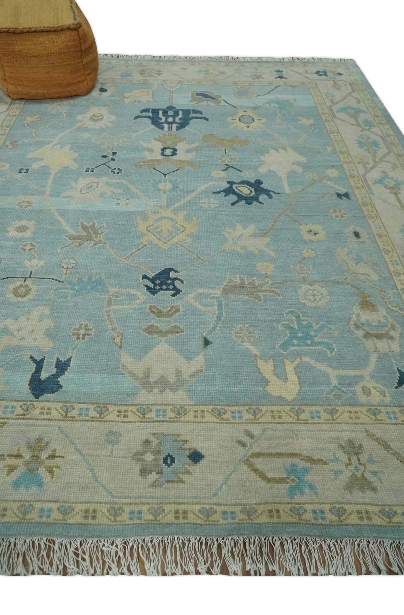 Custom Made Aqua, Ivory and Beige Hand knotted Oriental Oushak wool Area Rug - Image 3