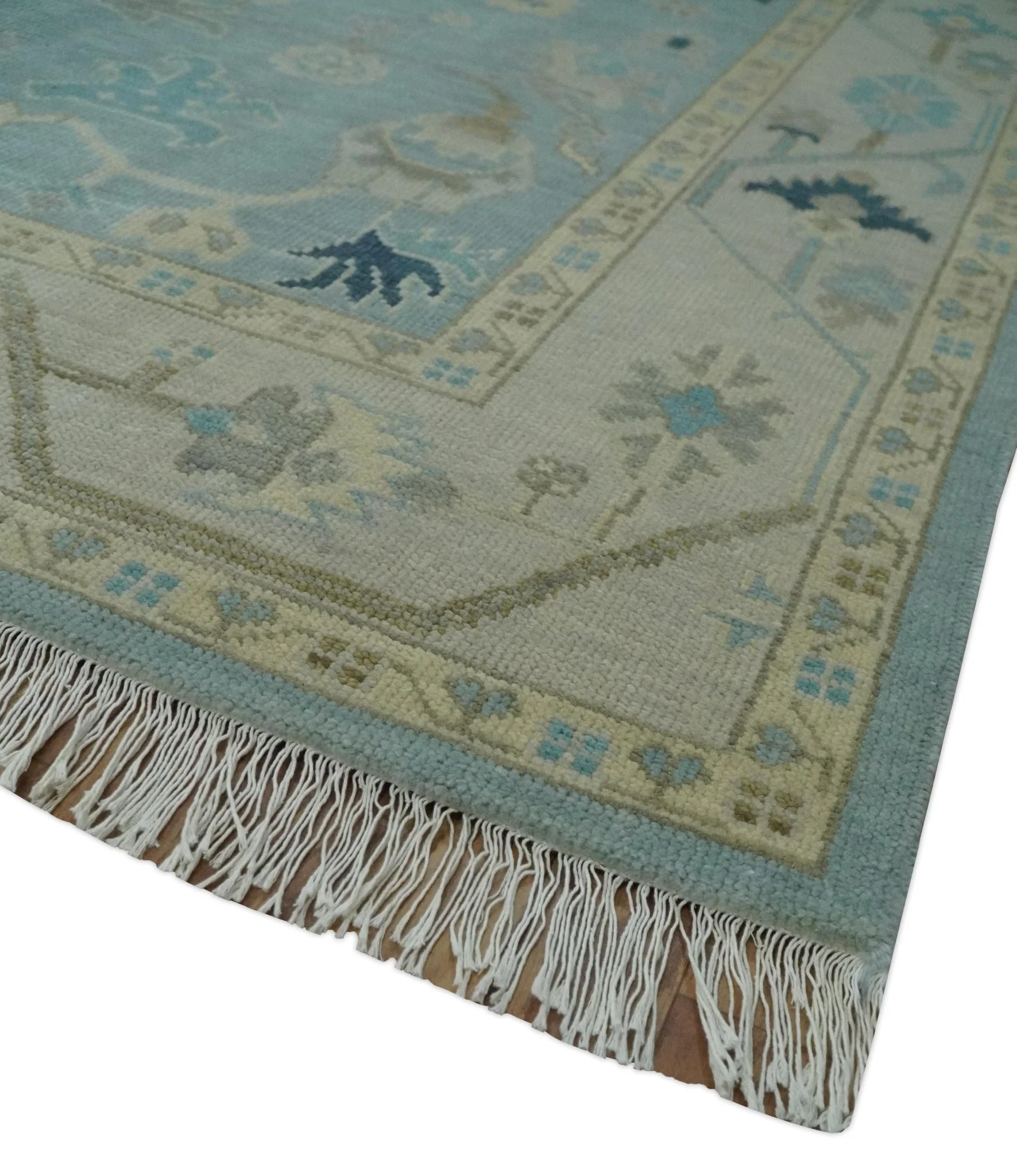 Custom Made Aqua, Ivory and Beige Hand knotted Oriental Oushak wool Area Rug - Image 5