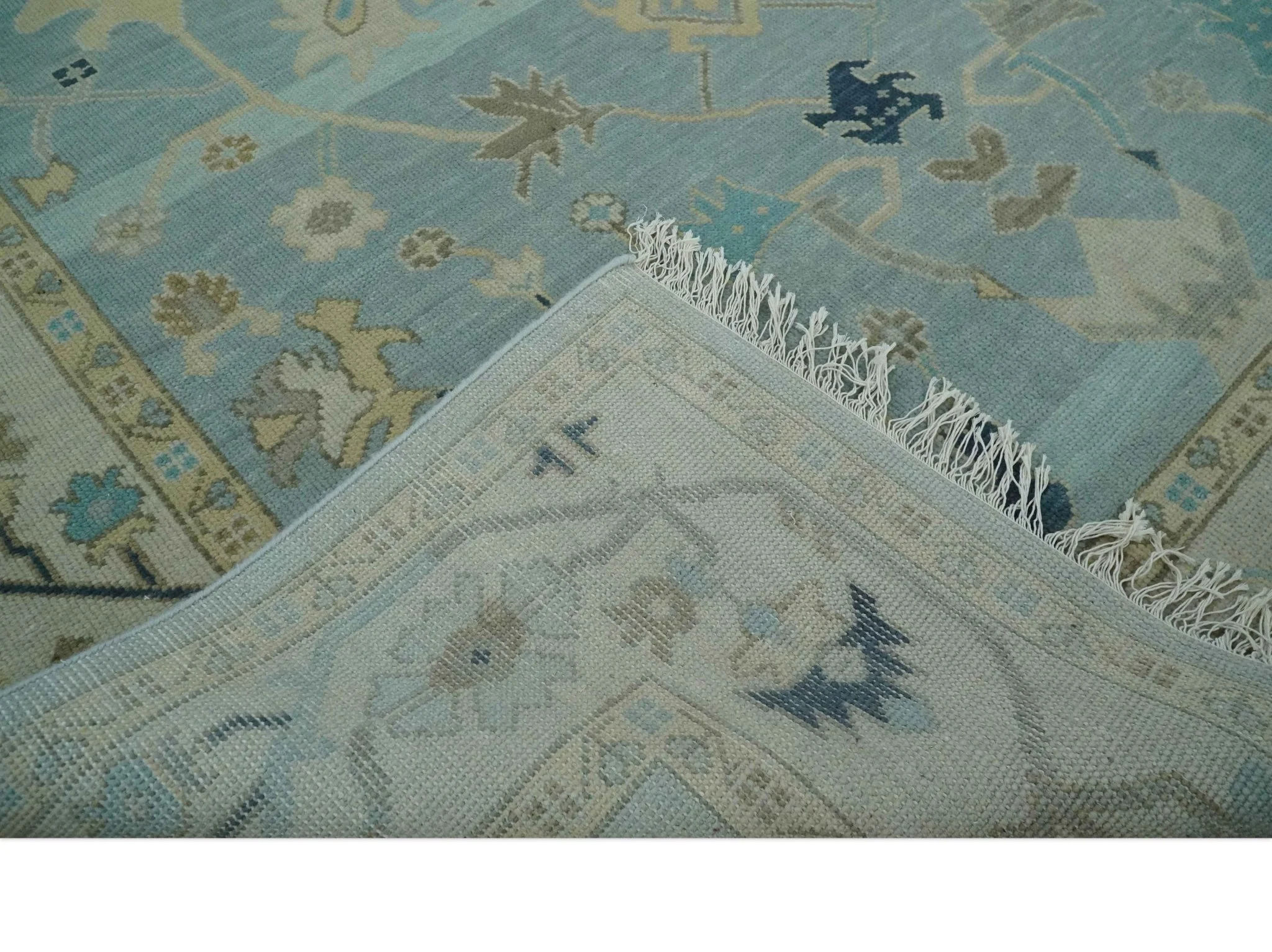 Custom Made Aqua, Ivory and Beige Hand knotted Oriental Oushak wool Area Rug - Image 7