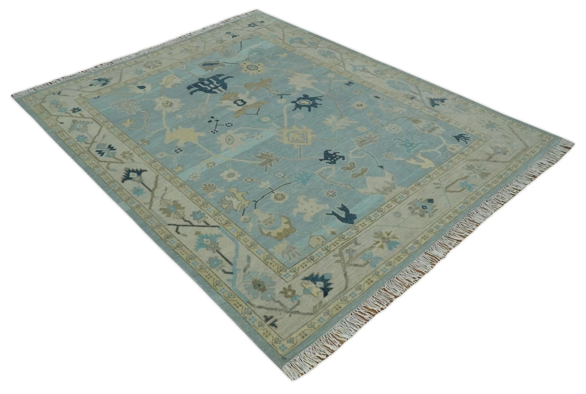 Custom Made Aqua, Ivory and Beige Hand knotted Oriental Oushak wool Area Rug - Image 9