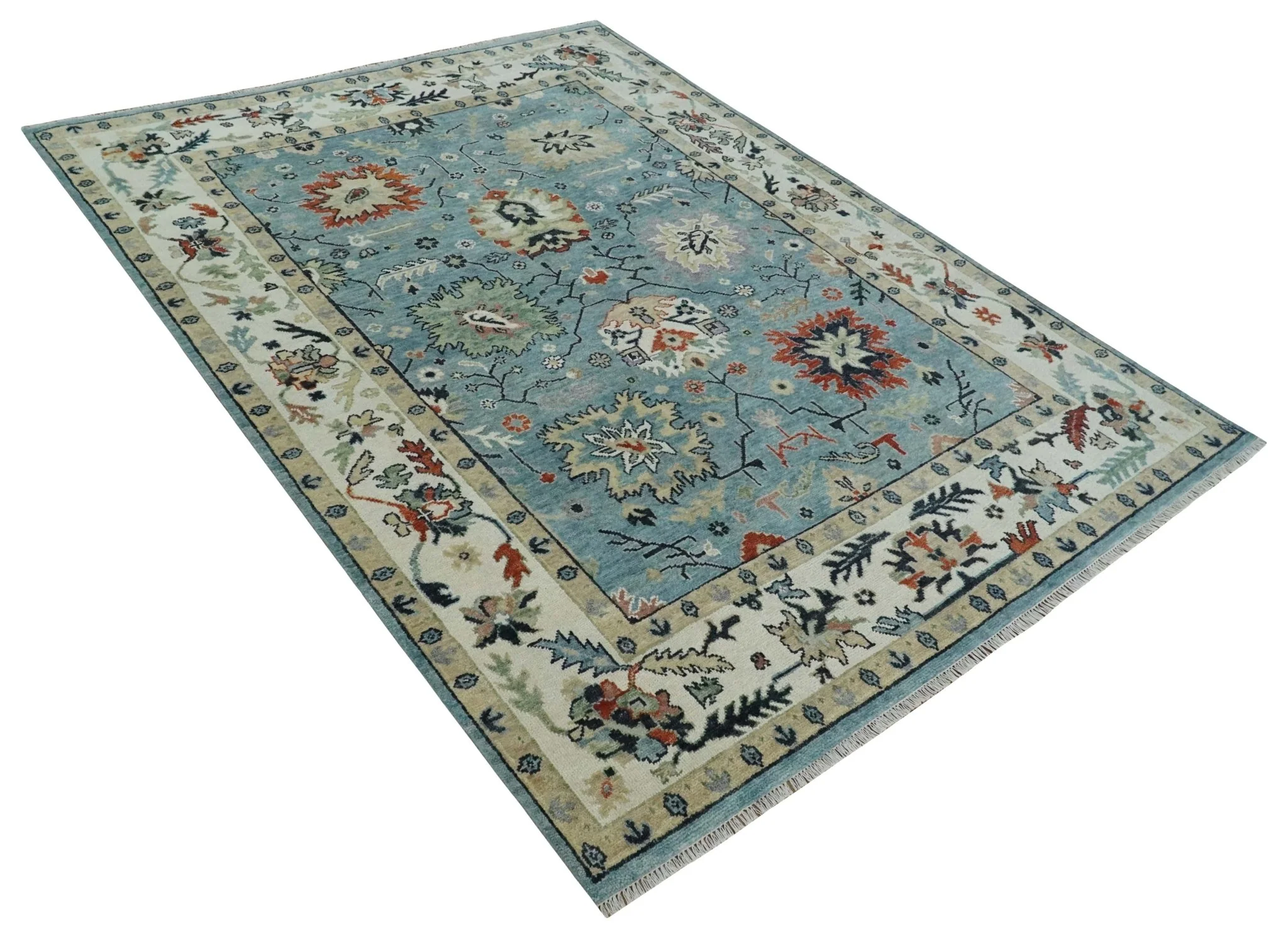 Blue, Ivory and Beige 8x10 and 9x12 Hand knotted Traditional Oushak Wool Area Rug - Image 11