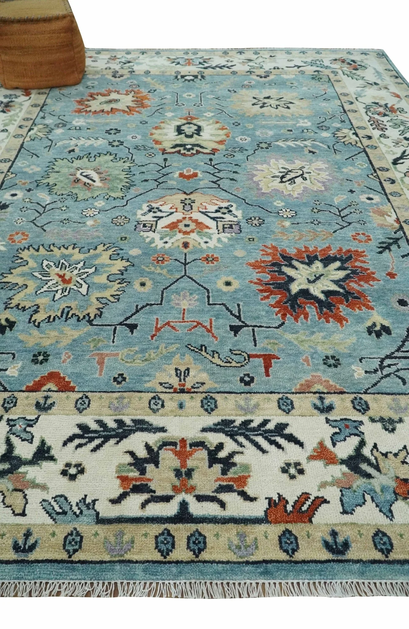 Blue, Ivory and Beige 8x10 and 9x12 Hand knotted Traditional Oushak Wool Area Rug - Image 3