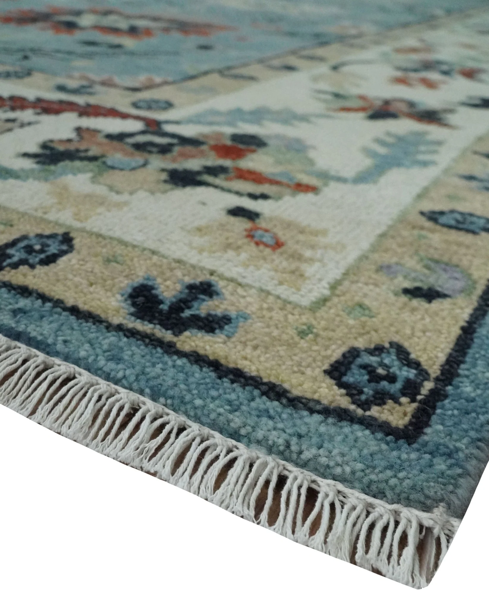 Blue, Ivory and Beige 8x10 and 9x12 Hand knotted Traditional Oushak Wool Area Rug - Image 5
