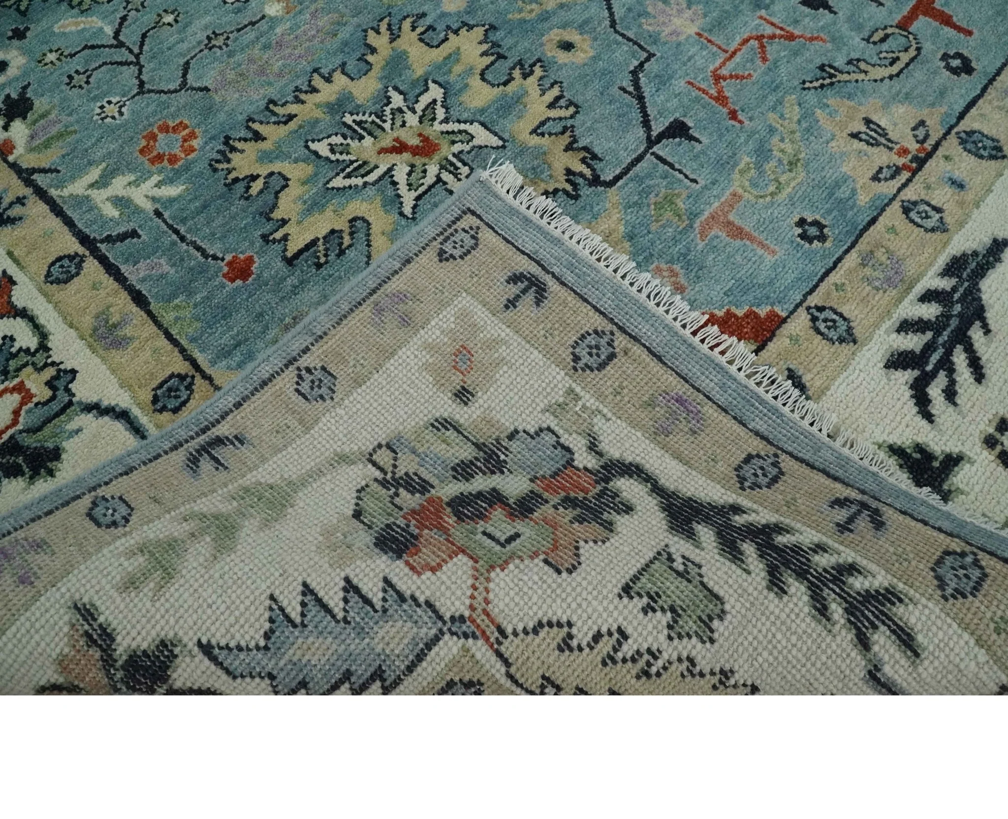 Blue, Ivory and Beige 8x10 and 9x12 Hand knotted Traditional Oushak Wool Area Rug - Image 7