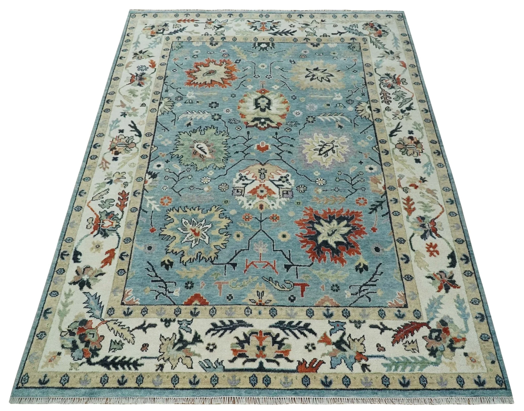 Blue, Ivory and Beige 8x10 and 9x12 Hand knotted Traditional Oushak Wool Area Rug - Image 9