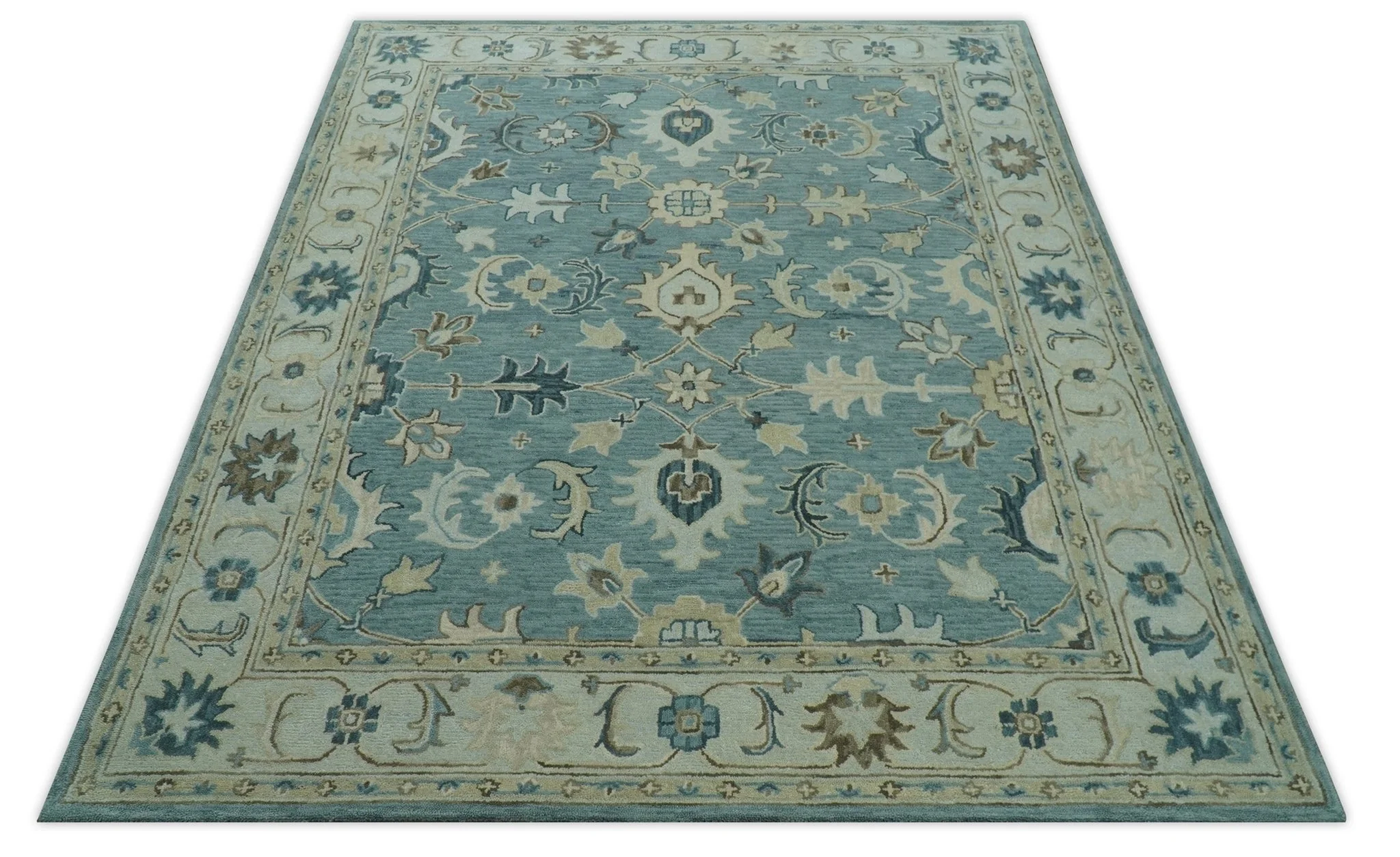 8x10 Blue, Ivory and Beige Hand Tufted Oriental Oushak wool area rug - Image 10