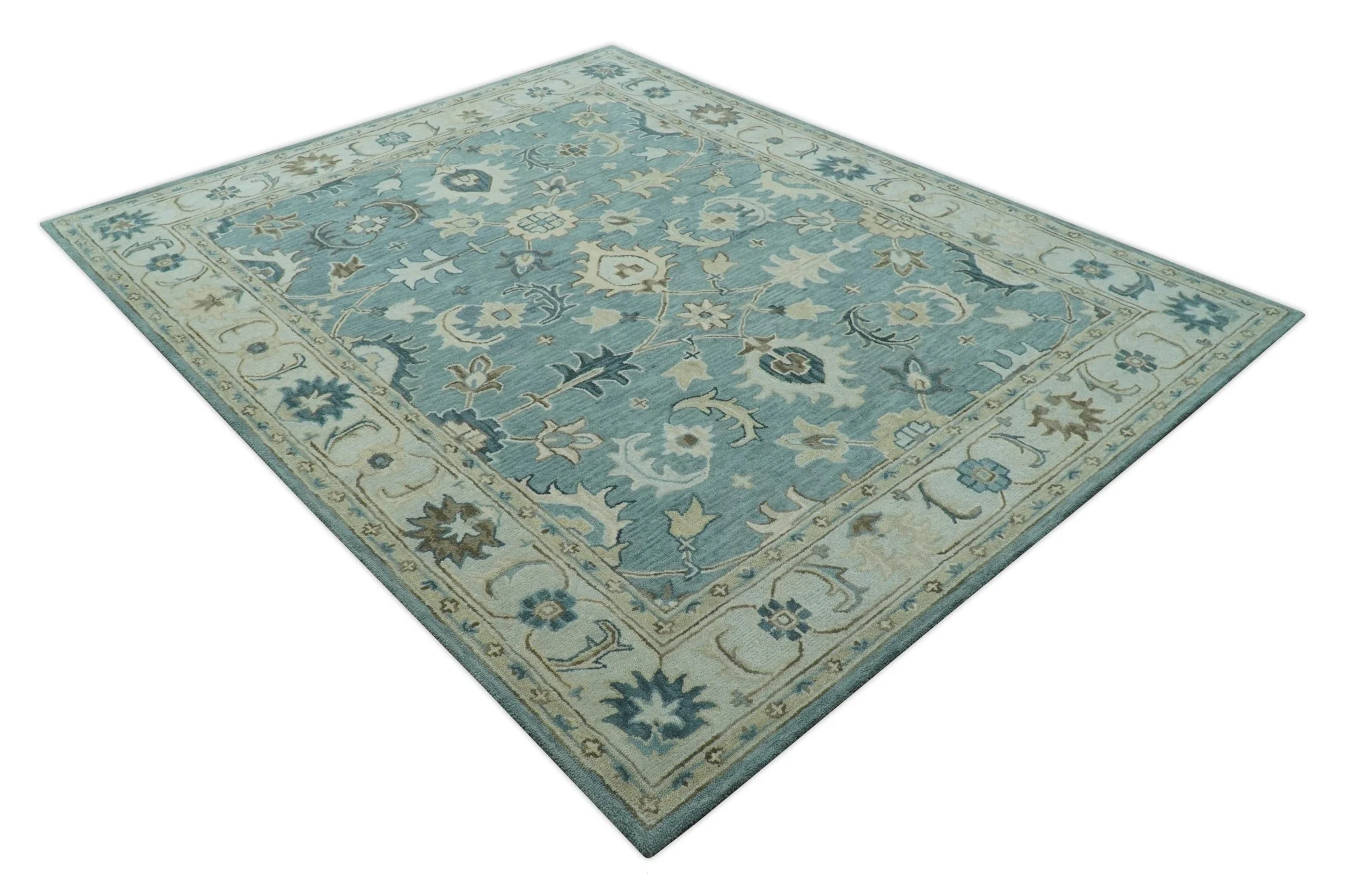 8x10 Blue, Ivory and Beige Hand Tufted Oriental Oushak wool area rug - Image 9