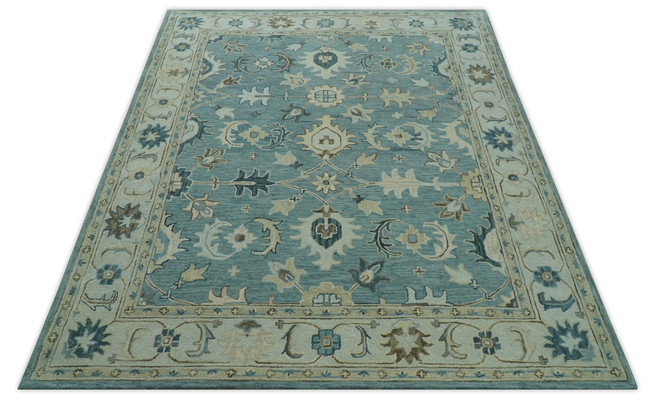 Custom Made Aqua, Ivory and Beige Hand Tufted Oriental Oushak wool area rug - Image 10