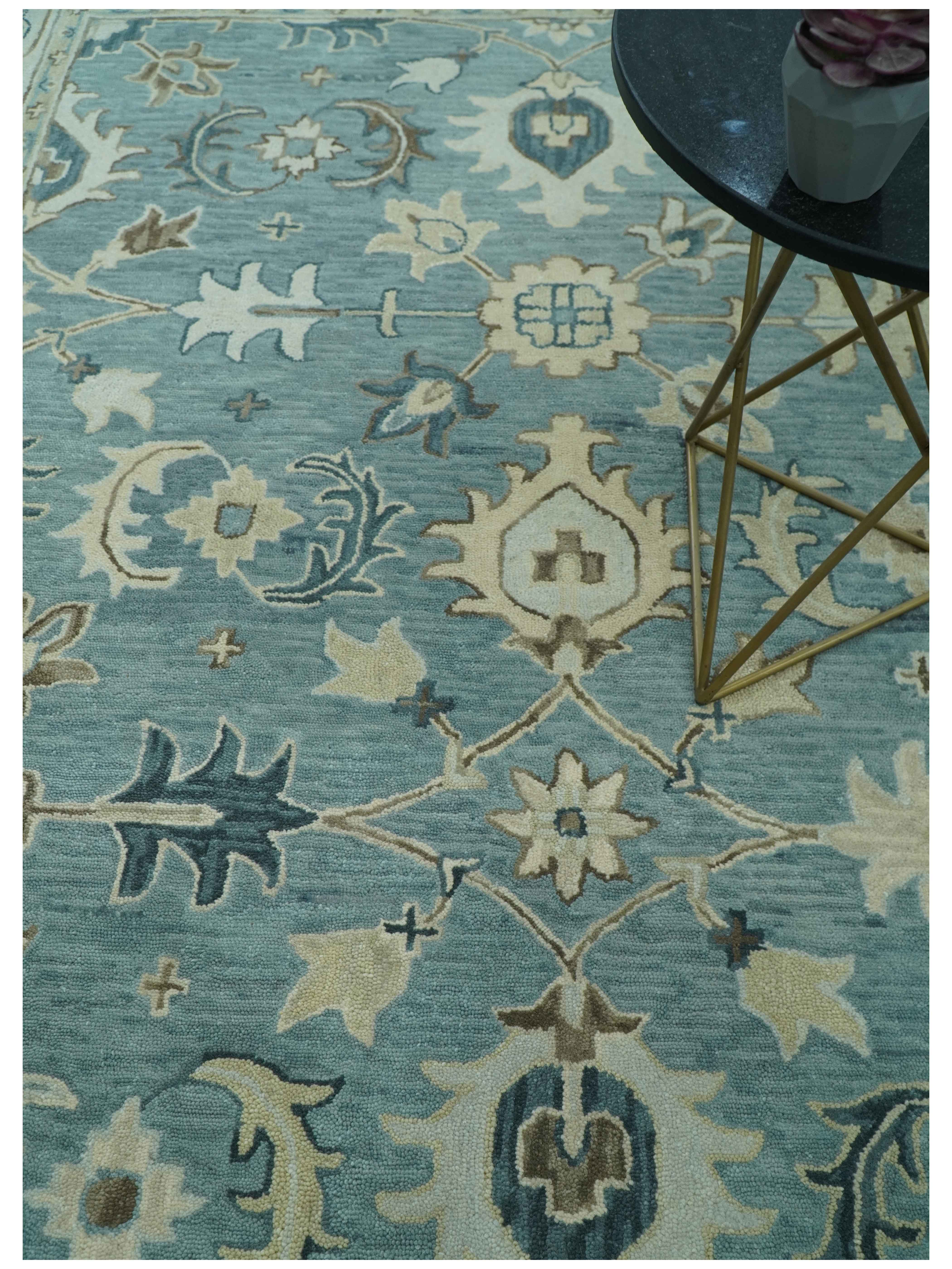 Custom Made Aqua, Ivory and Beige Hand Tufted Oriental Oushak wool area rug - Image 2