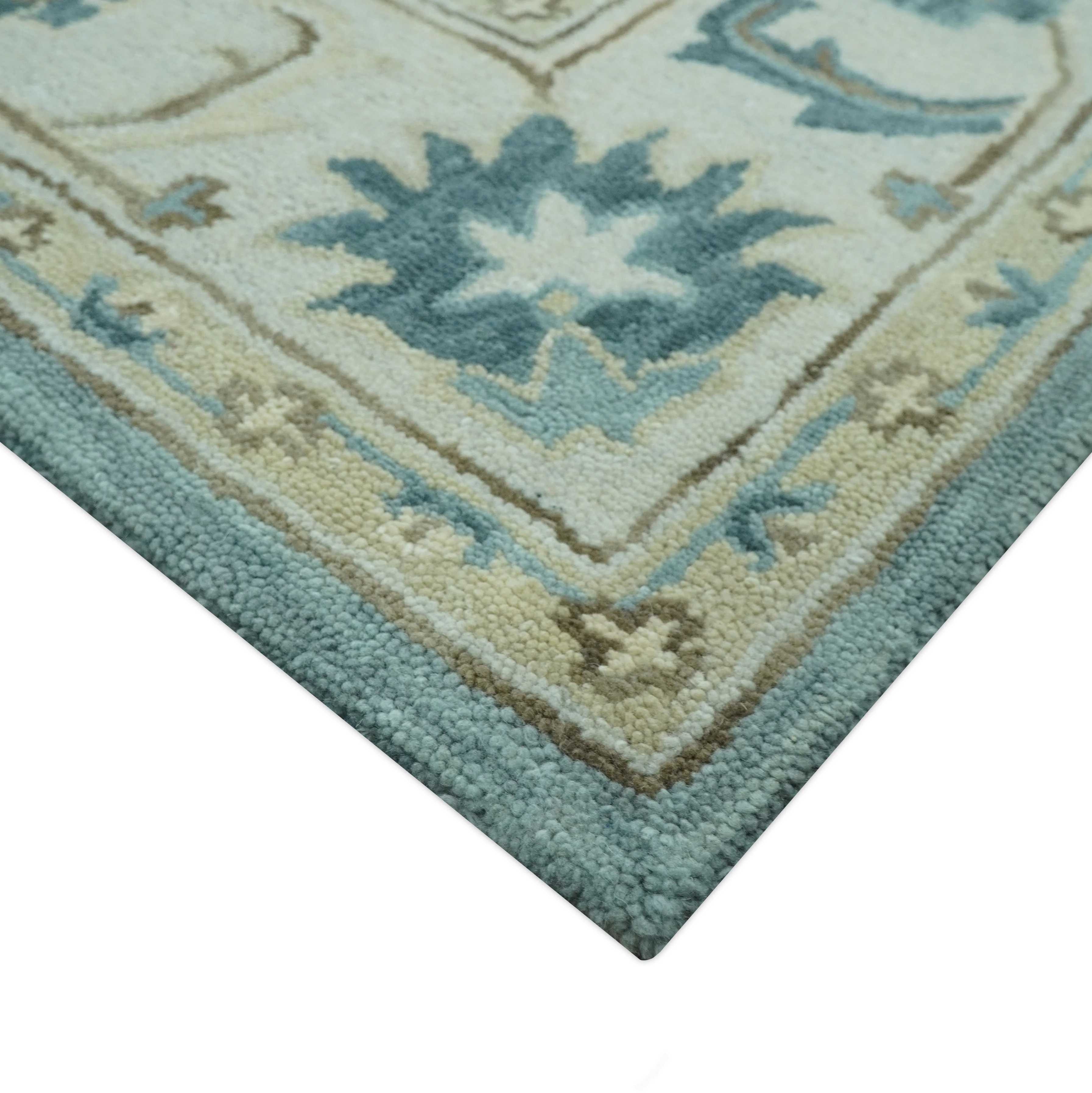 Custom Made Aqua, Ivory and Beige Hand Tufted Oriental Oushak wool area rug - Image 5