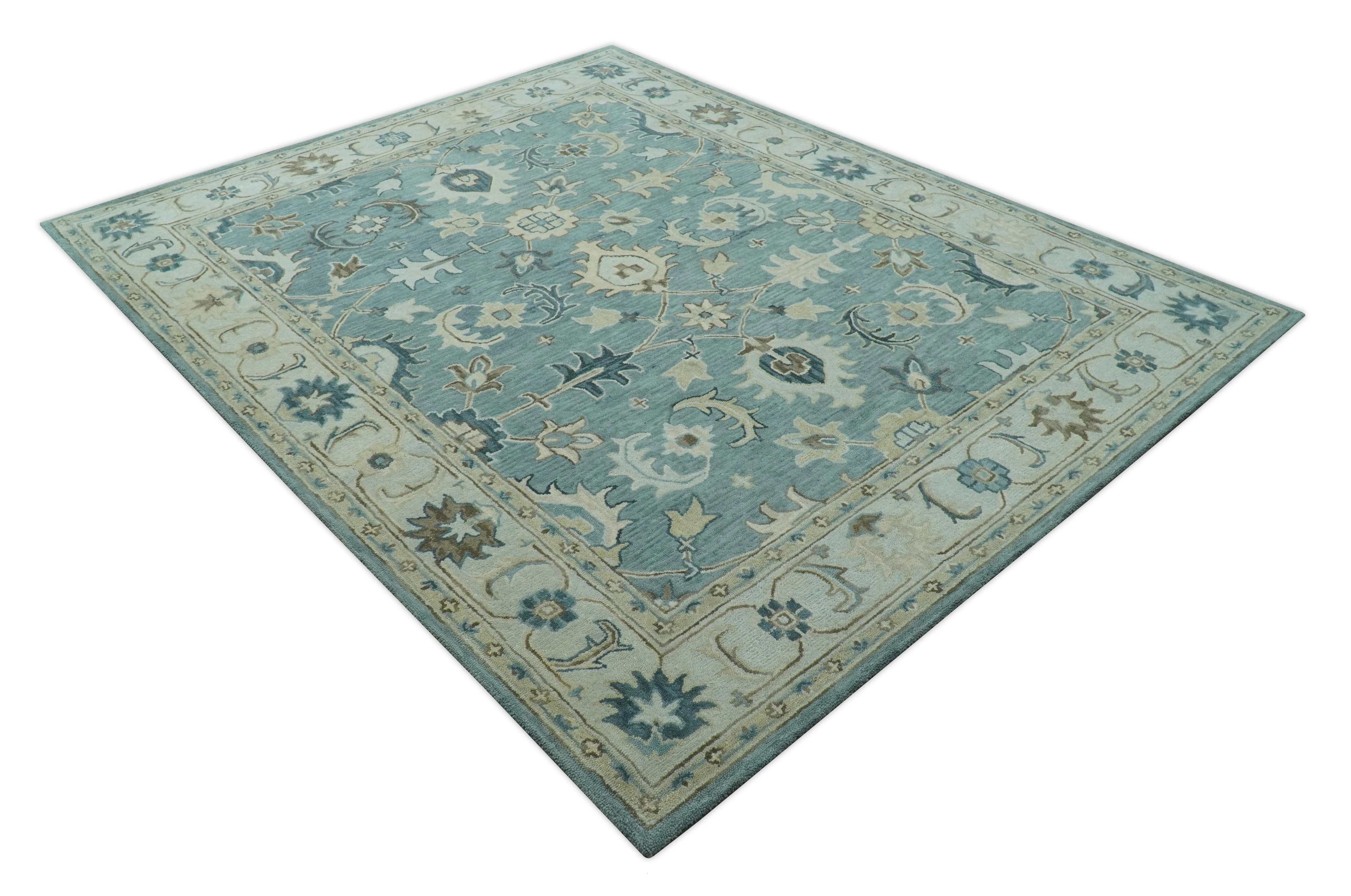Custom Made Aqua, Ivory and Beige Hand Tufted Oriental Oushak wool area rug - Image 9