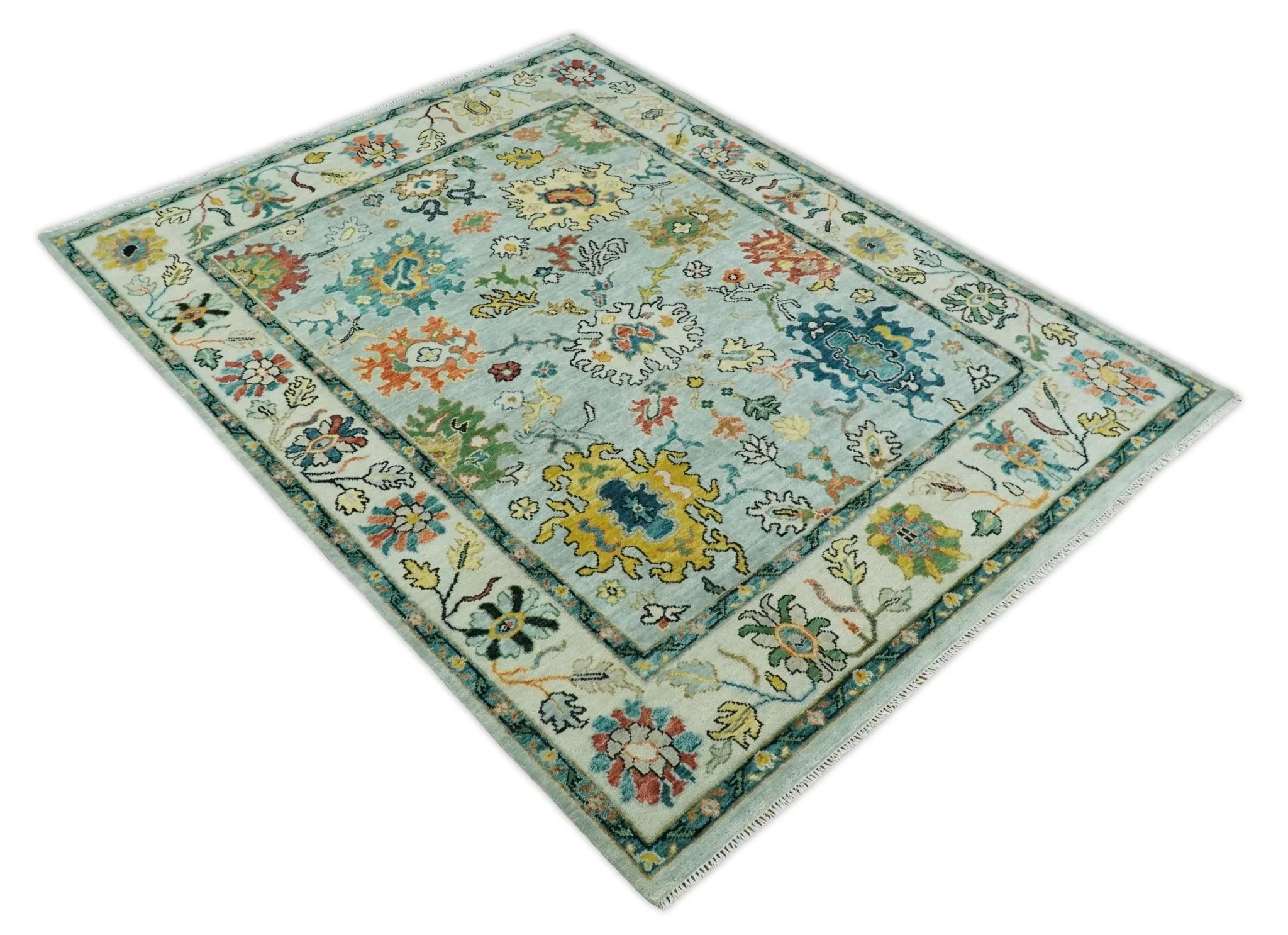 Vibrant Colorful Aqua, Ivory, Gold and Rust Hand Knotted Traditional Oushak Multi Size wool Area Rug - Image 11