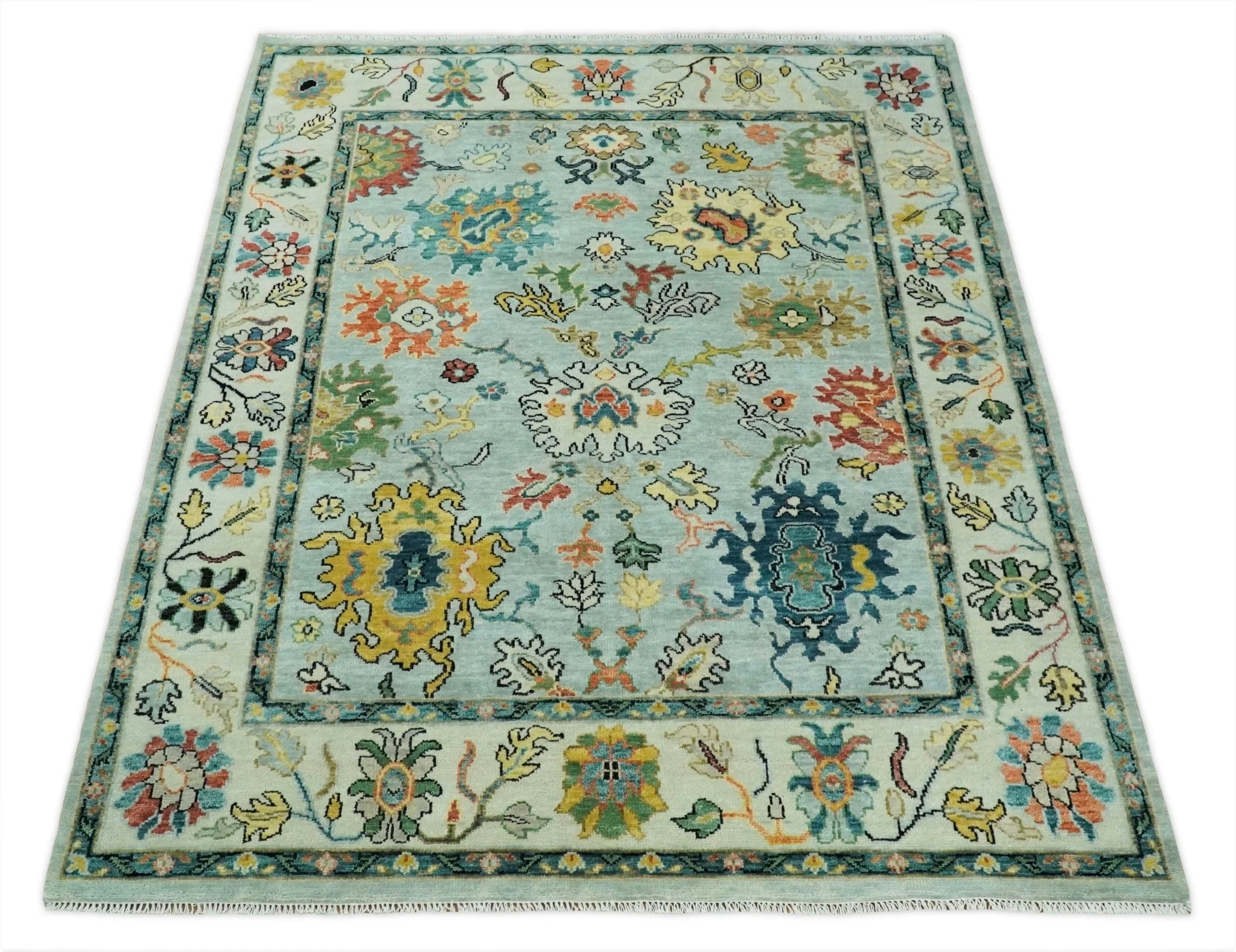 Vibrant Colorful Aqua, Ivory, Gold and Rust Hand Knotted Traditional Oushak Multi Size wool Area Rug - Image 12