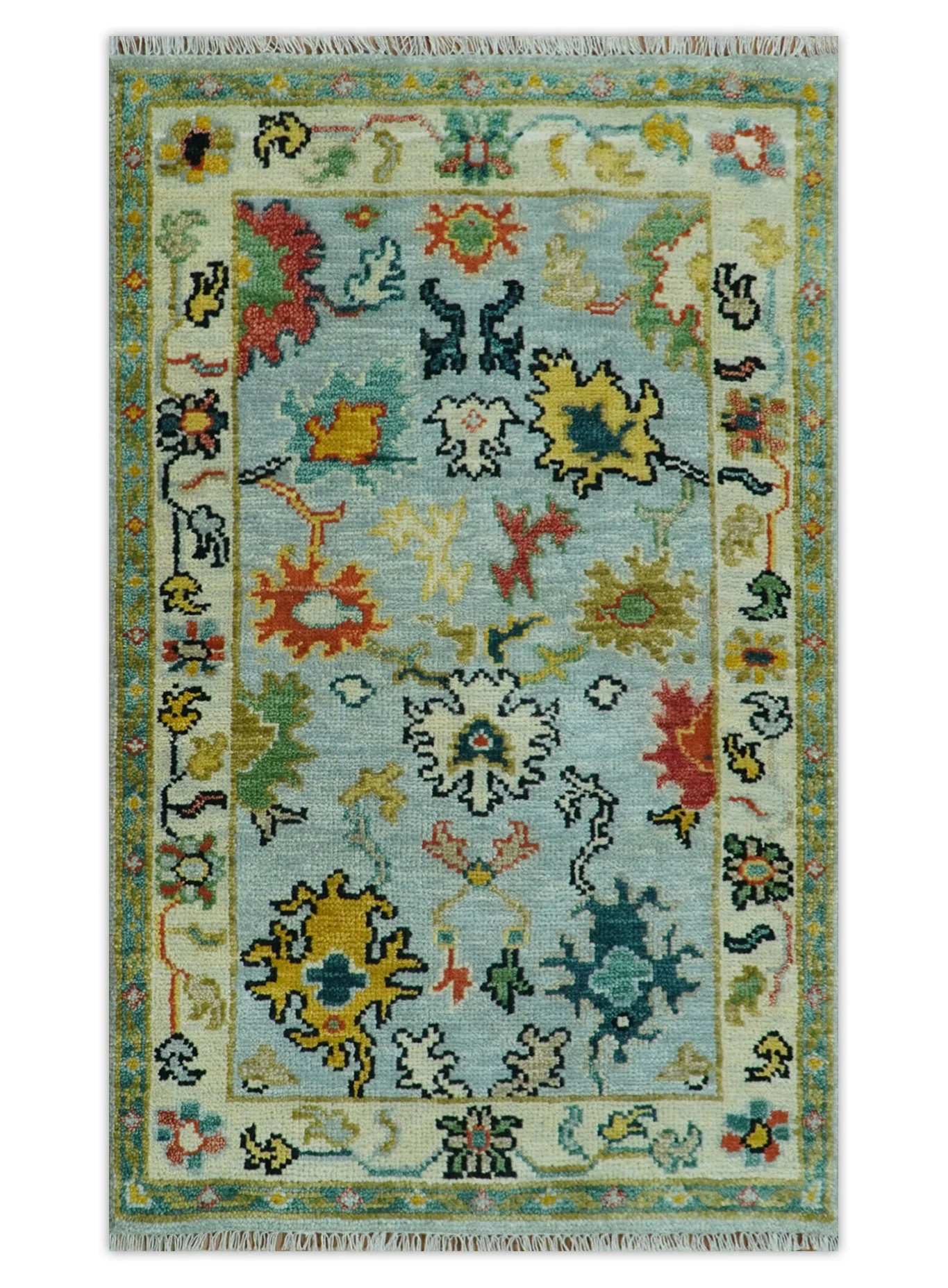 Vibrant Colorful Aqua, Ivory, Gold and Rust Hand Knotted Traditional Oushak Multi Size wool Area Rug - Image 14