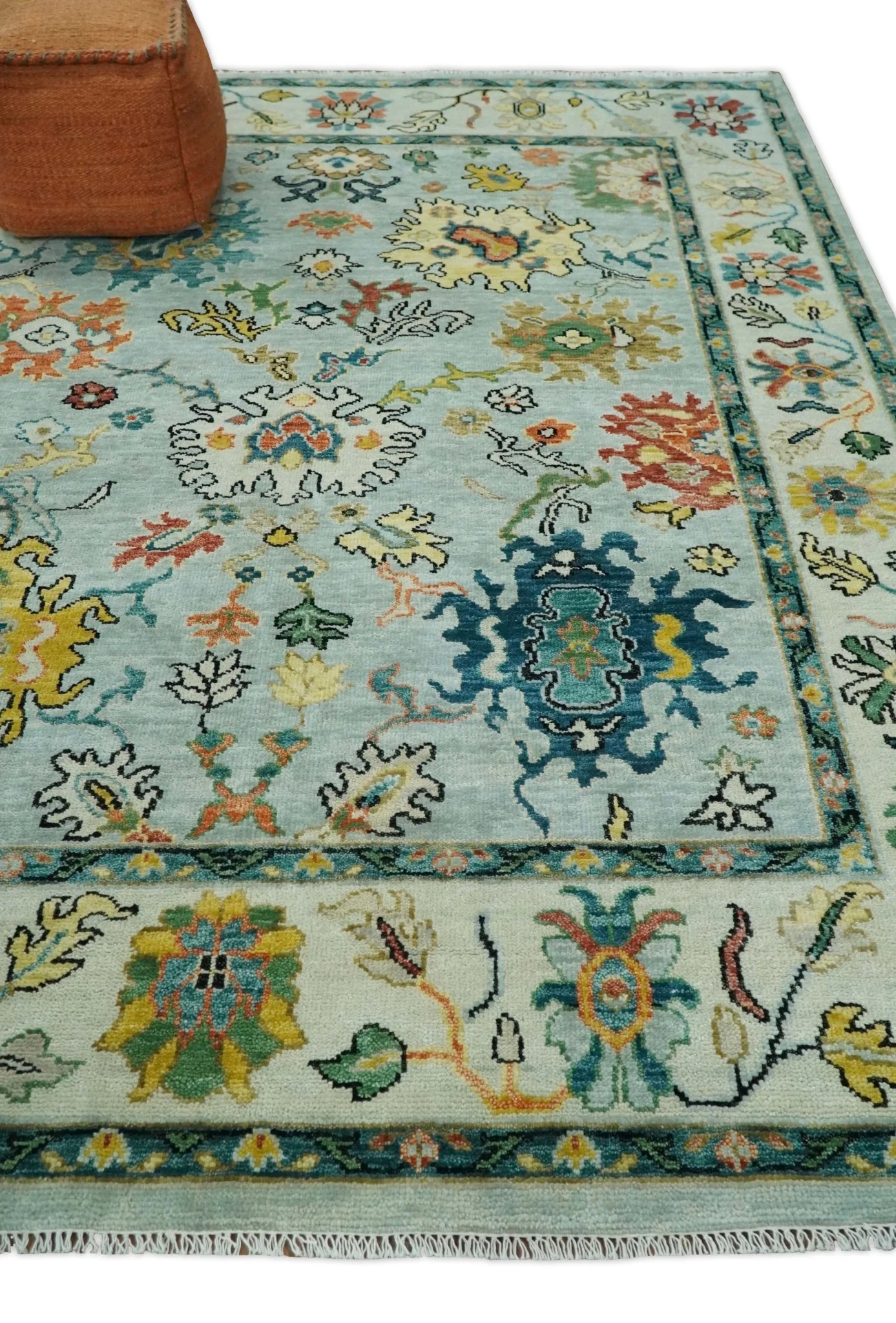 Vibrant Colorful Aqua, Ivory, Gold and Rust Hand Knotted Traditional Oushak Multi Size wool Area Rug - Image 3