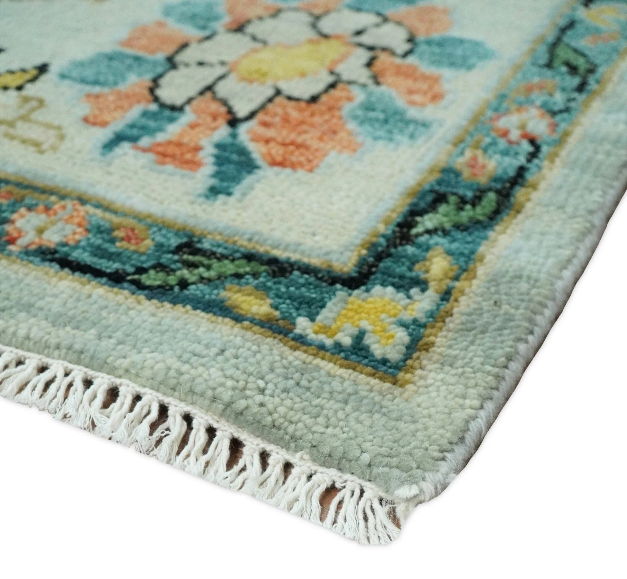Vibrant Colorful Aqua, Ivory, Gold and Rust Hand Knotted Traditional Oushak Multi Size wool Area Rug - Image 5