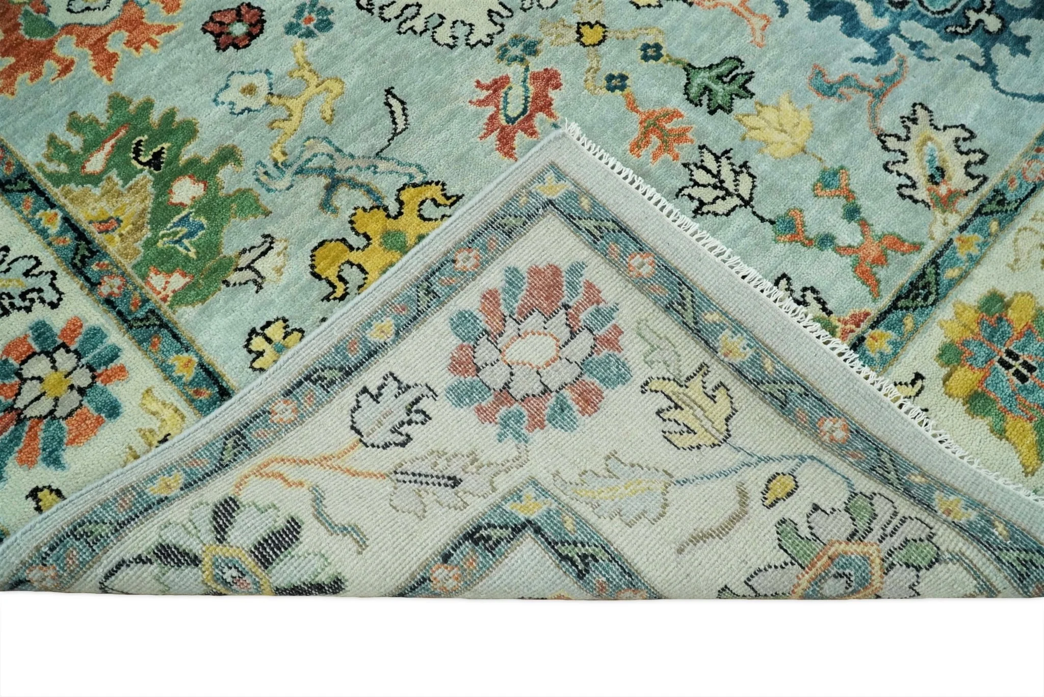 Vibrant Colorful Aqua, Ivory, Gold and Rust Hand Knotted Traditional Oushak Multi Size wool Area Rug - Image 7