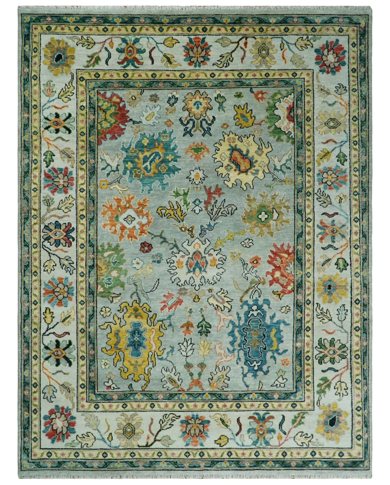 Vibrant Colorful Aqua, Ivory, Gold and Rust Hand Knotted Traditional Oushak Multi Size wool Area Rug - Image 8