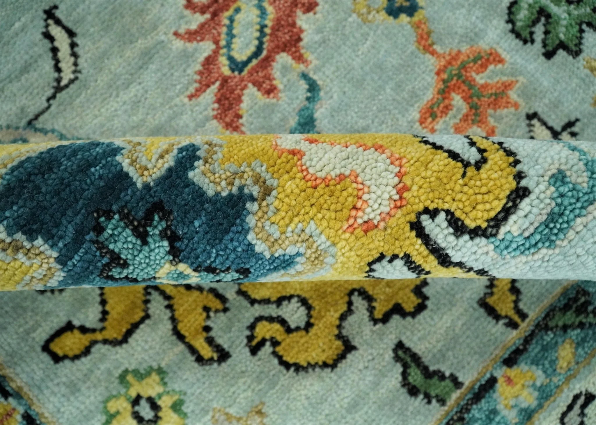 Vibrant Colorful Aqua, Ivory, Gold and Rust Hand Knotted Traditional Oushak Multi Size wool Area Rug - Image 9
