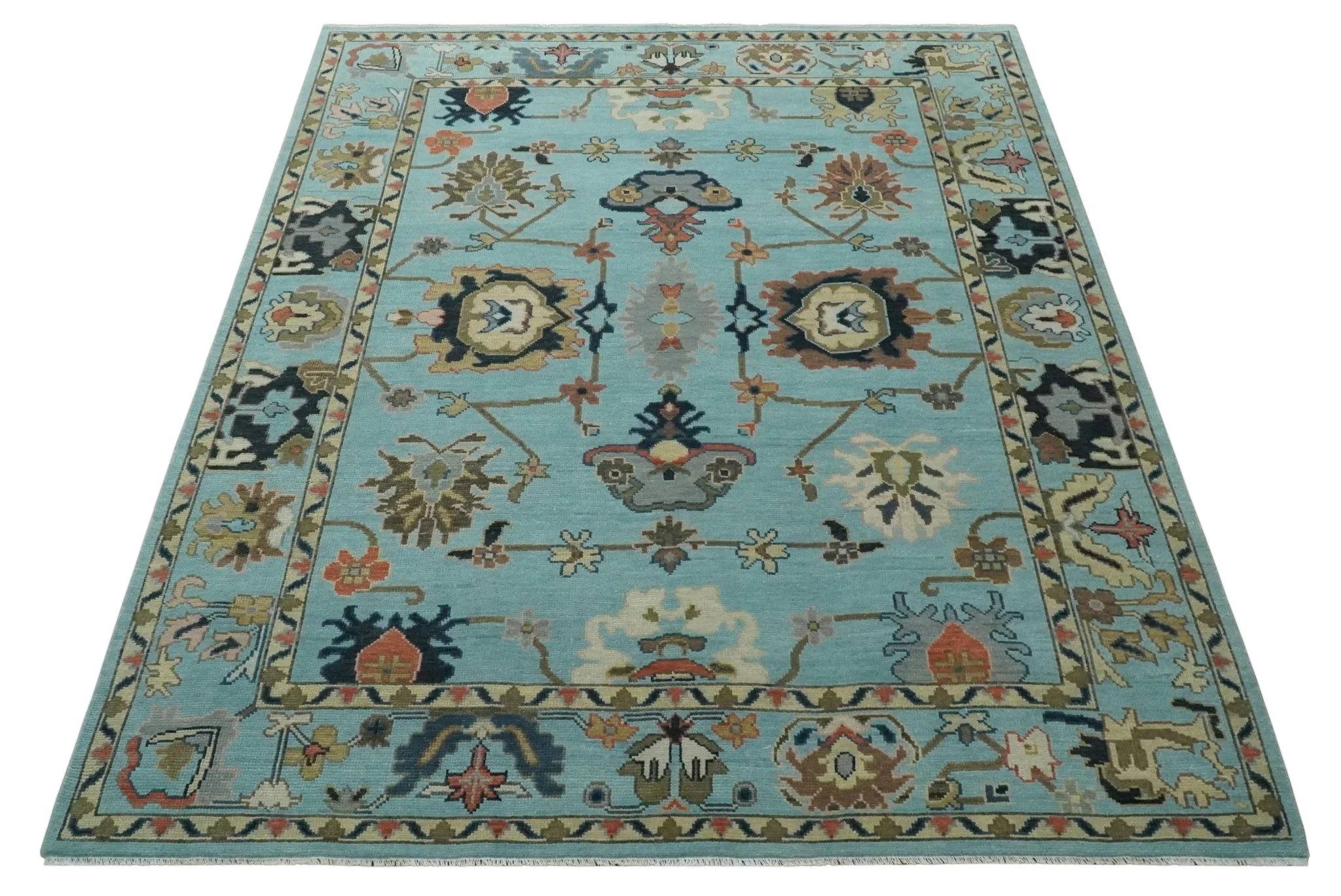 Antique Style Aqua Multi Size Hand Knotted Colorful Traditional Oushak Wool Area Rug - Image 10