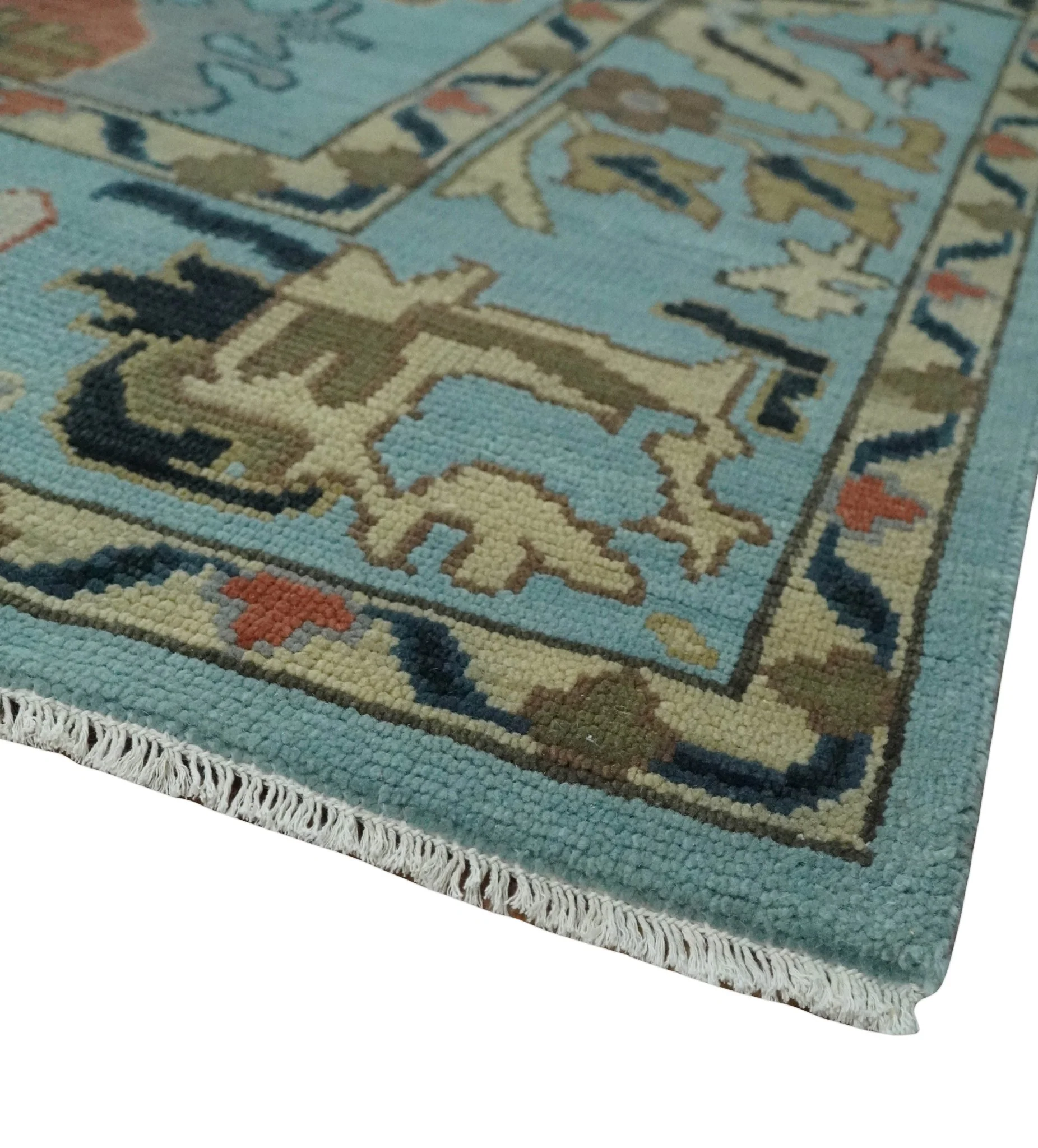 Antique Style Aqua Multi Size Hand Knotted Colorful Traditional Oushak Wool Area Rug - Image 5