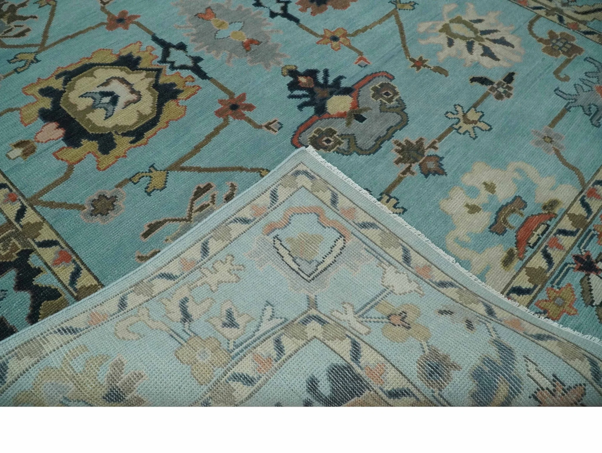 Antique Style Aqua Multi Size Hand Knotted Colorful Traditional Oushak Wool Area Rug - Image 7