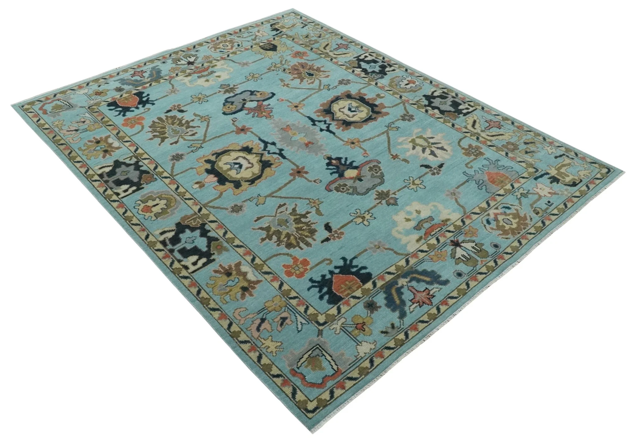 Antique Style Aqua Multi Size Hand Knotted Colorful Traditional Oushak Wool Area Rug - Image 9
