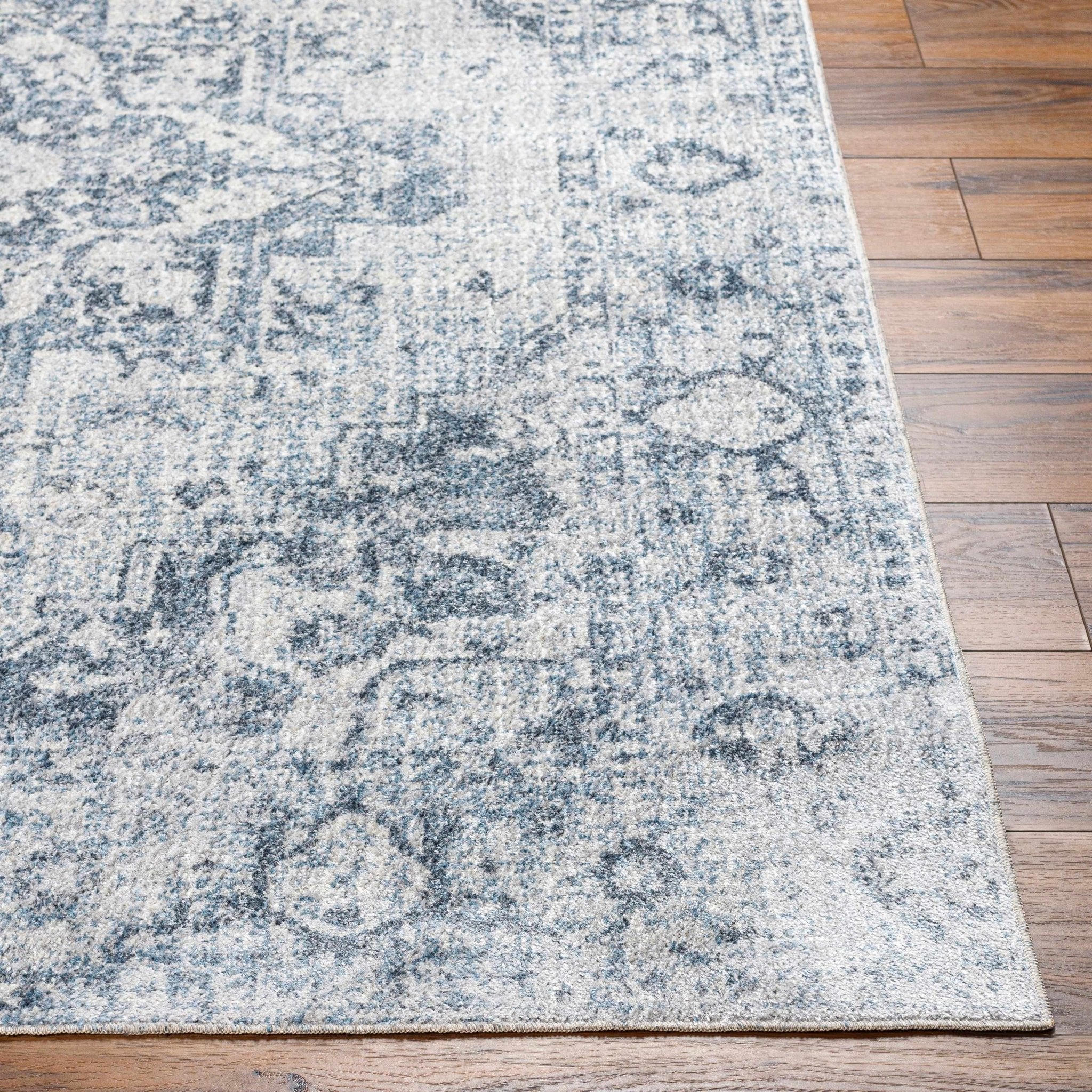 Traditional Design Aqua Blue And Ivory Machine-Washable Area Rug - Image 3