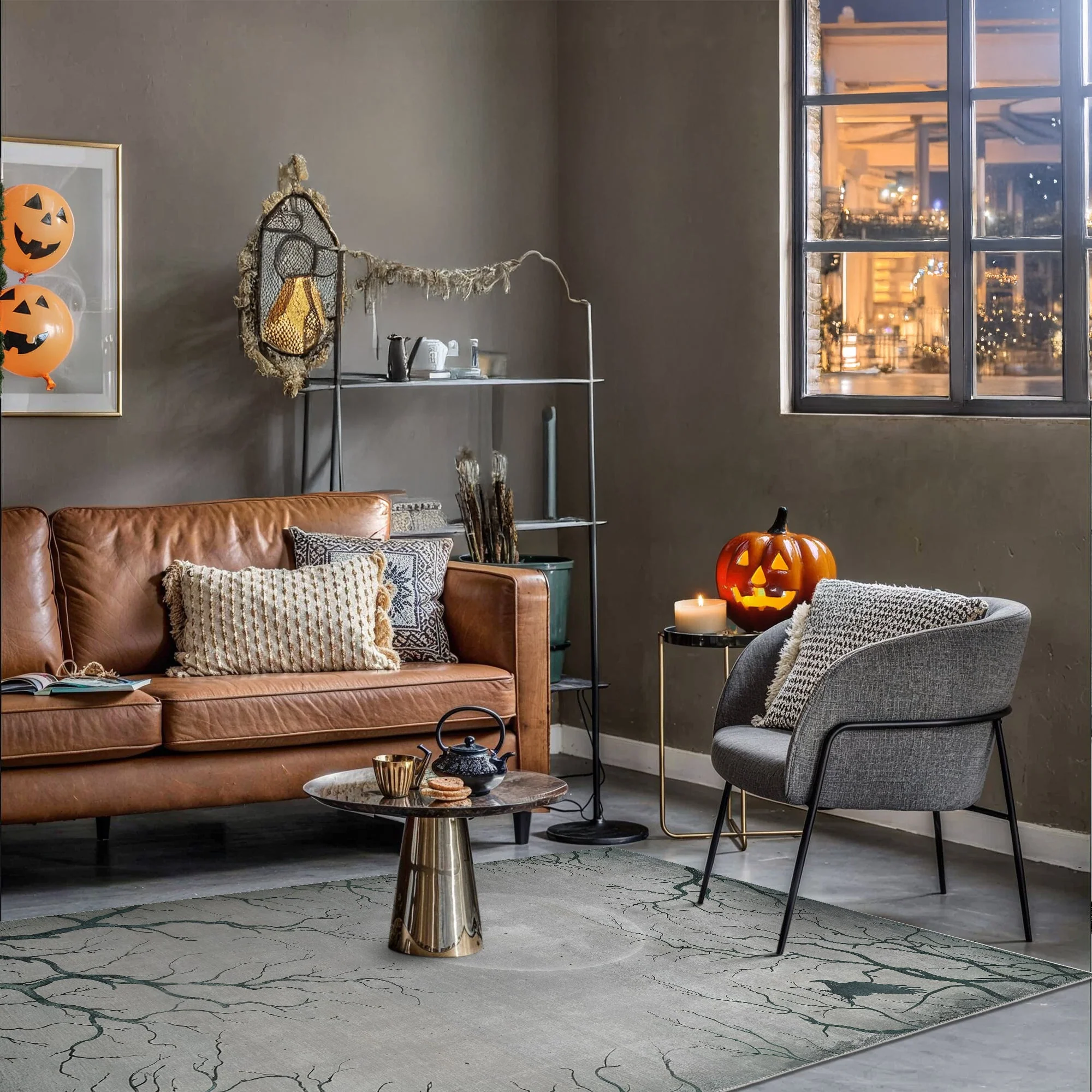 Avon Halloween Moon and Night Design Gray Machine Washable Cotton Rug - Image 2