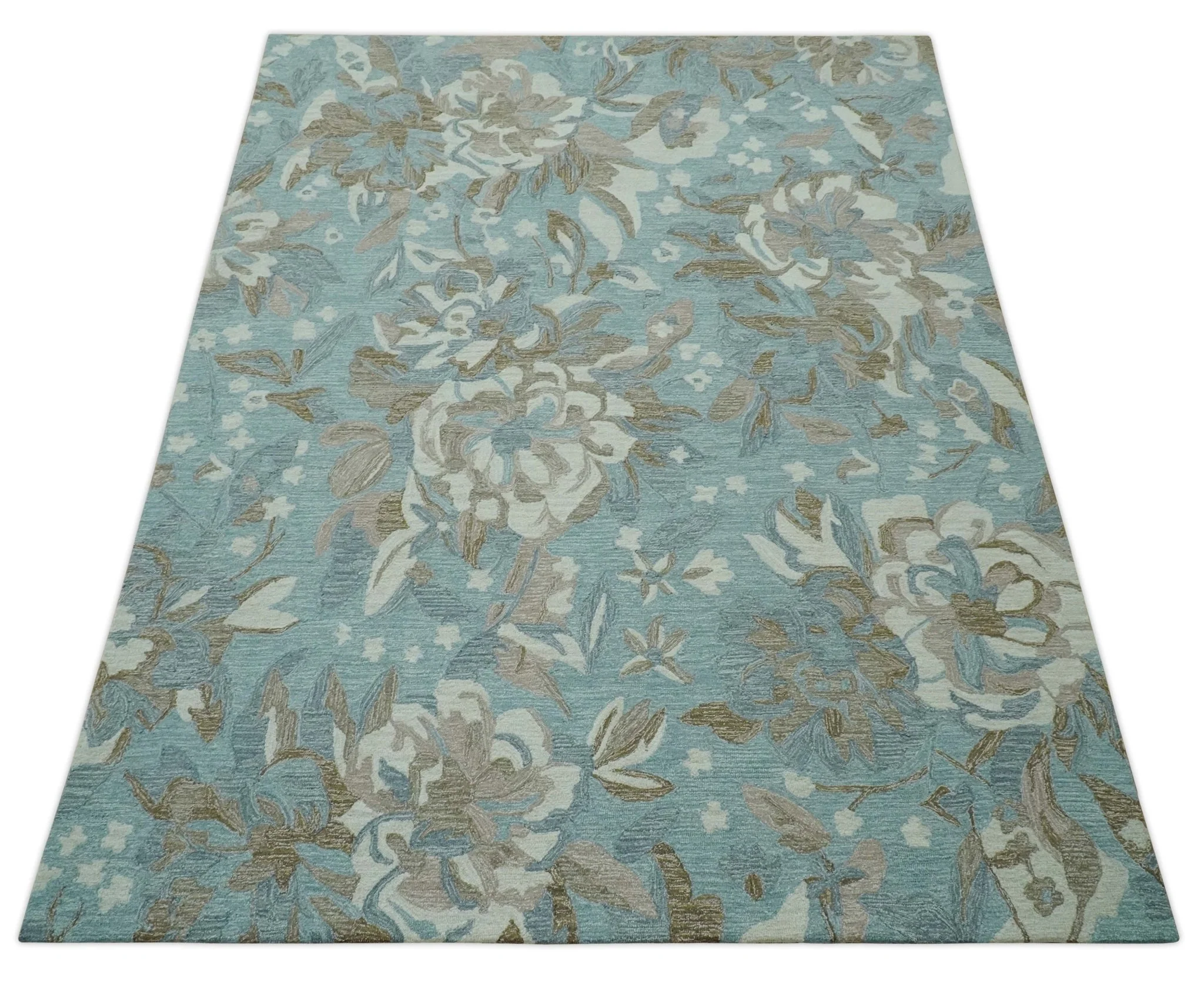Custom Made Elegant Blue, Ivory and Olive Floral Design Hand Tufted wool Rug - Image 10
