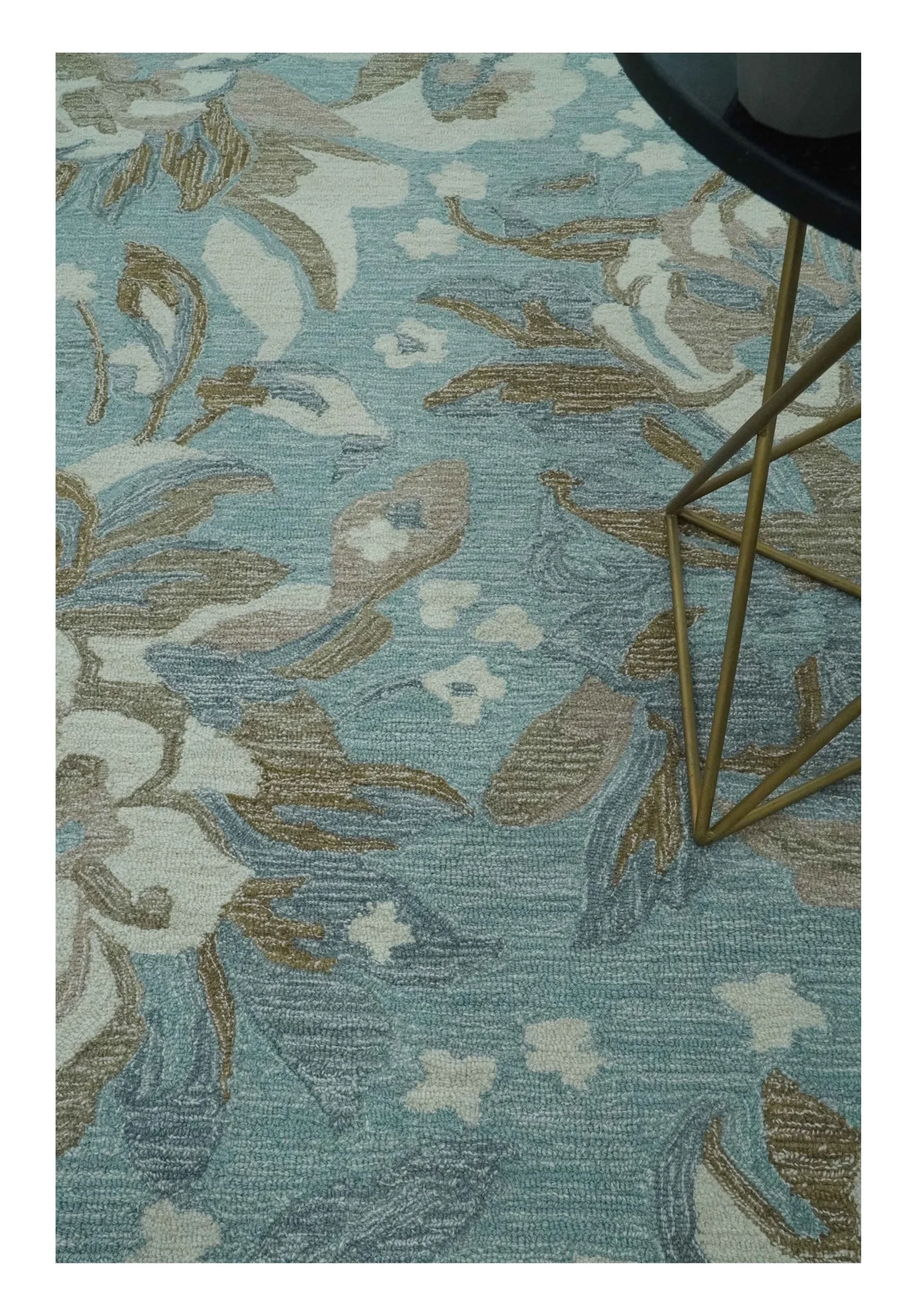 Custom Made Elegant Blue, Ivory and Olive Floral Design Hand Tufted wool Rug - Image 2