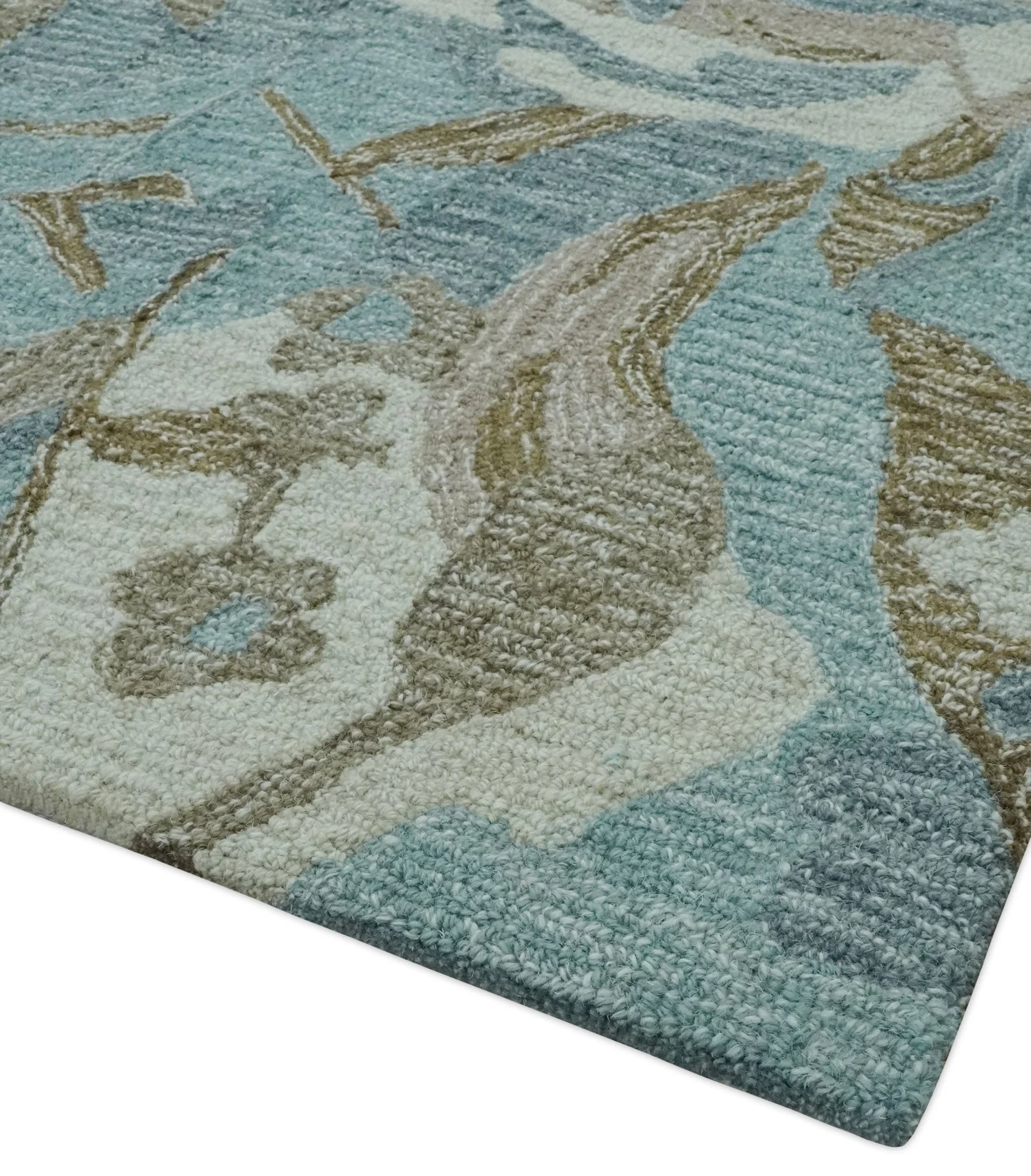 Custom Made Elegant Blue, Ivory and Olive Floral Design Hand Tufted wool Rug - Image 5
