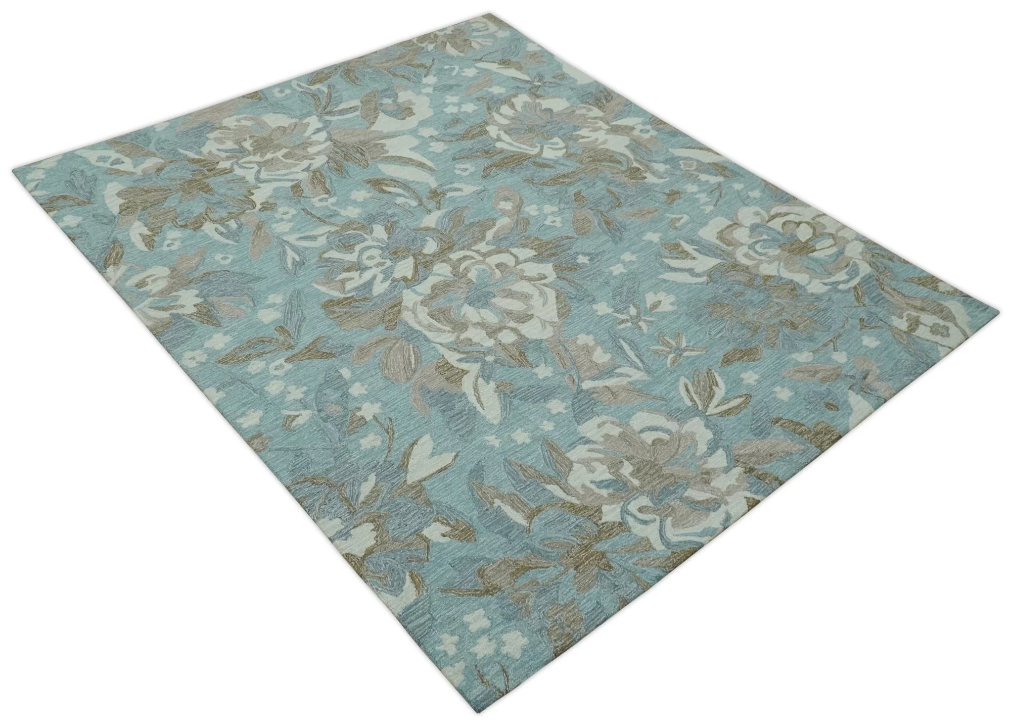 Custom Made Elegant Blue, Ivory and Olive Floral Design Hand Tufted wool Rug - Image 9